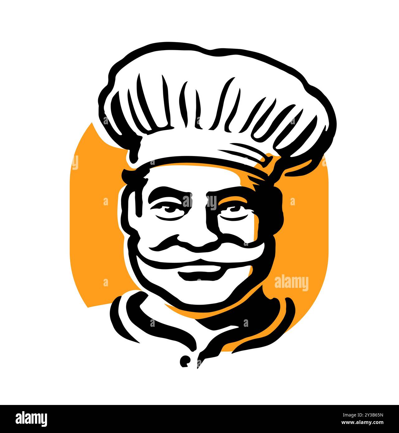 Homme âgé heureux avec chef moustache dans le logo ou l'emblème chapeau. Cuisinier masculin, illustration vectorielle de signe de service alimentaire Illustration de Vecteur