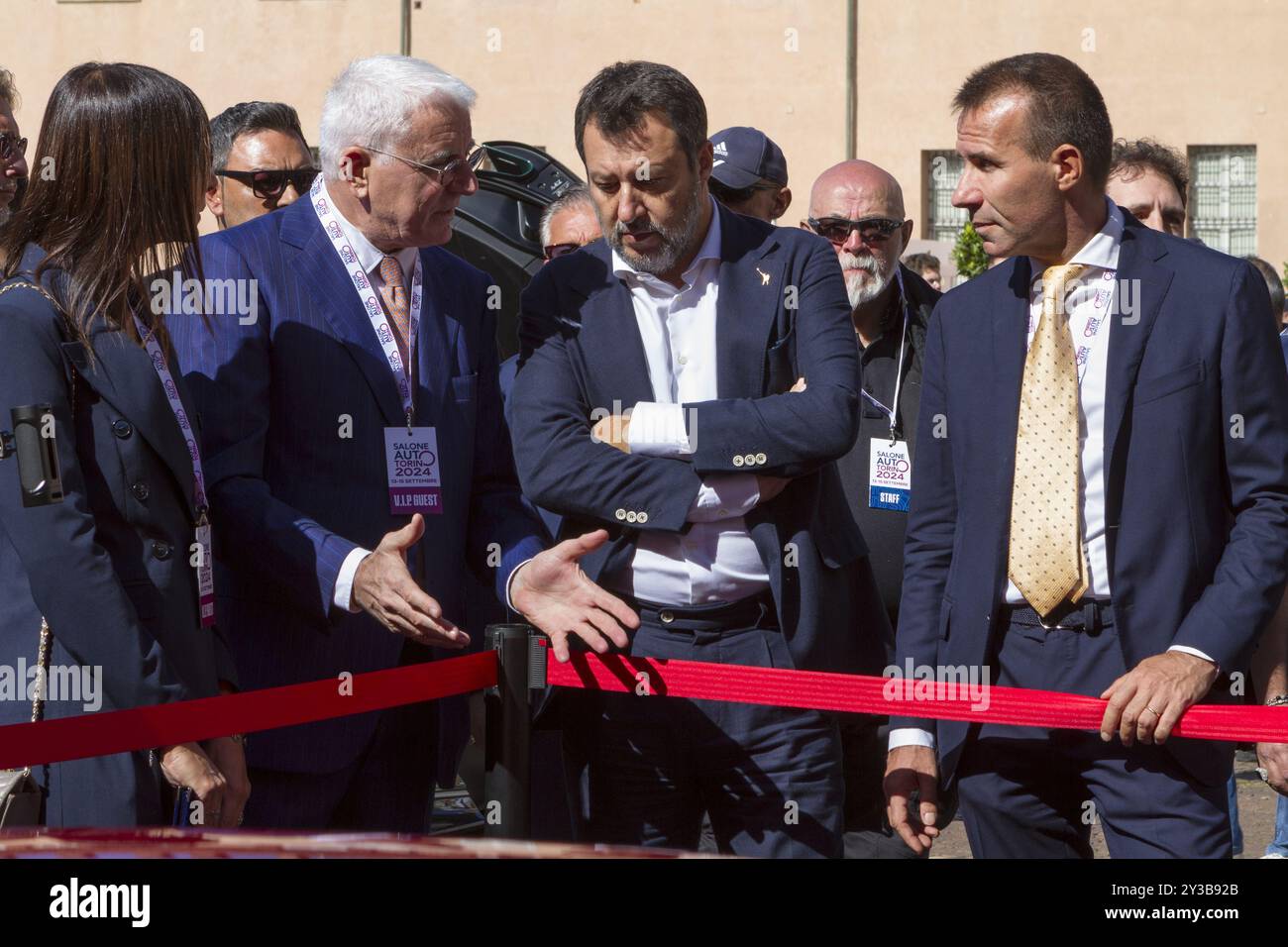 Turin, Italie. 13 septembre 2024. Le ministre des infrastructures et des Transports, Matteo Salvini, visite le stand Pininfarina avec Andrea Levy (à droite) lors de l'ouverture du salon de l'automobile de Turin 2024 Banque D'Images