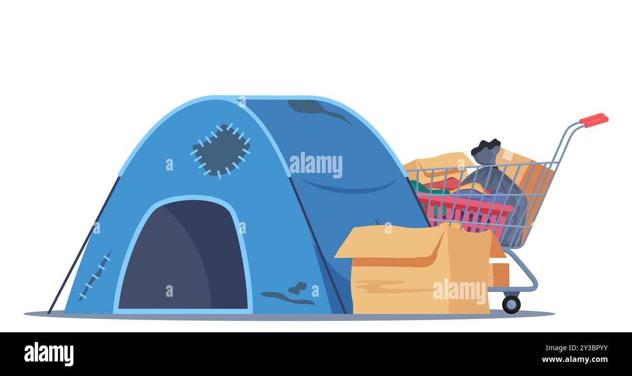 Chariot de chariot avec diverses choses, poubelles et camp déchiqueté. Biens des sans-abri. Vecteur Illustration de Vecteur
