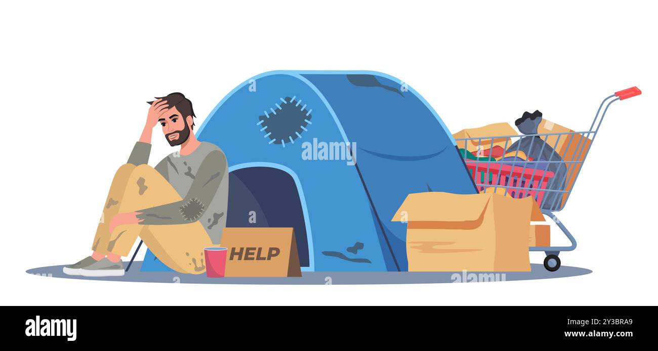 Homme sans-abri tenant une bannière d'aide. Chariot chariot chariot avec effets personnels et camp près. Bum dans des vêtements déchiquetés assis sur le sol mendiant de l'argent. Chômeur charac Illustration de Vecteur