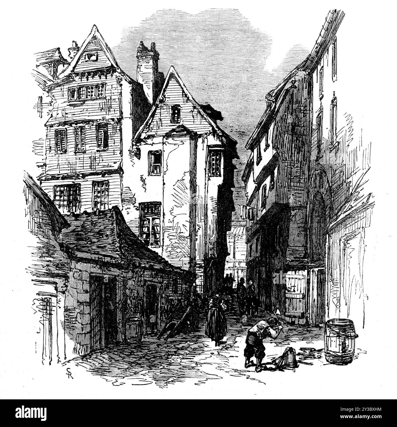 Rue à Morlaix, Bretagne, 1871. « Le petit port maritime de Morlaix, dans le département de Finisterre, donnera une très excellente idée de l'architecture bretonne, ainsi que des habitudes et de l'apparence de la paysannerie simple... Morlaix possède le charme durable de la position, qui, heureusement, ne peut être modernisée ou réduite au modèle utilitaire. Situé dans une vallée, ses deux côtés se soutiennent sur les collines rocheuses qui forment leur arrière-plan, ou pente vers le haut, avec des jardins en terrasses, aux hauteurs qui donnent sur la ville. Les maisons, comme le montre la gravure, sont construites avec des projectiles Banque D'Images