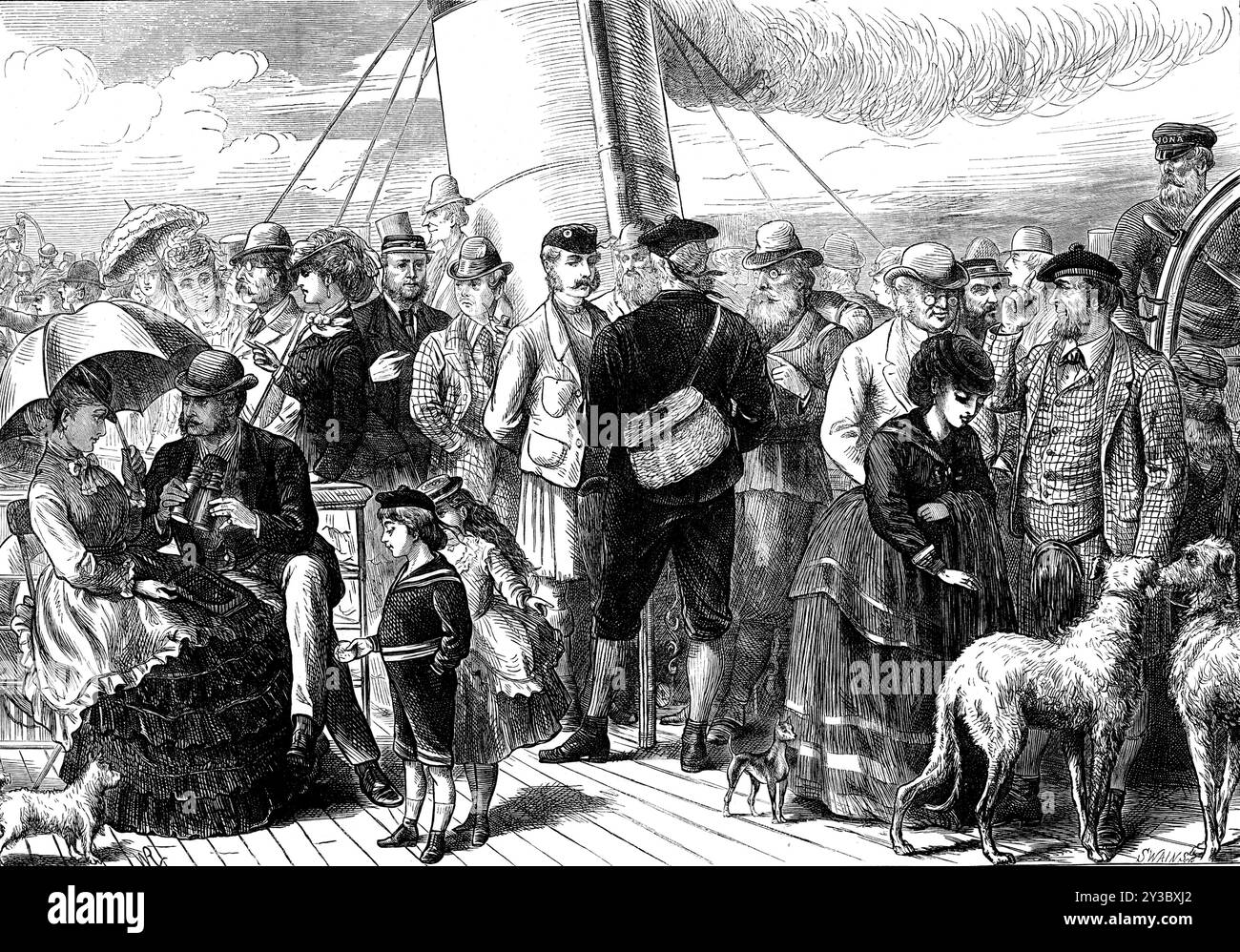 Dans les Highlands, 1871. Voyage en Écosse pour la saison de tournage. 'Hé pour Glasgow ! Et le bateau à vapeur Iona nous emmène, avec une centaine d'autres, la "route royale" vers les Highlands de l'Ouest... près du timonier... est, comme on peut le deviner habilement par son discours, le propriétaire ou le locataire d'une boîte de tir...,en présence de sa fille. Il a hâte d'être au Grouse... [chiens de chasse] Ponto et Fritz, aussi, vétérans à son service, sont aussi désireux que leur maître pour le sport à venir. Nos concitoyens sont de toutes sortes - artistes, qui reviendront avec des portefeuilles brouillés ; pêcheurs de saumon ;.. Banque D'Images