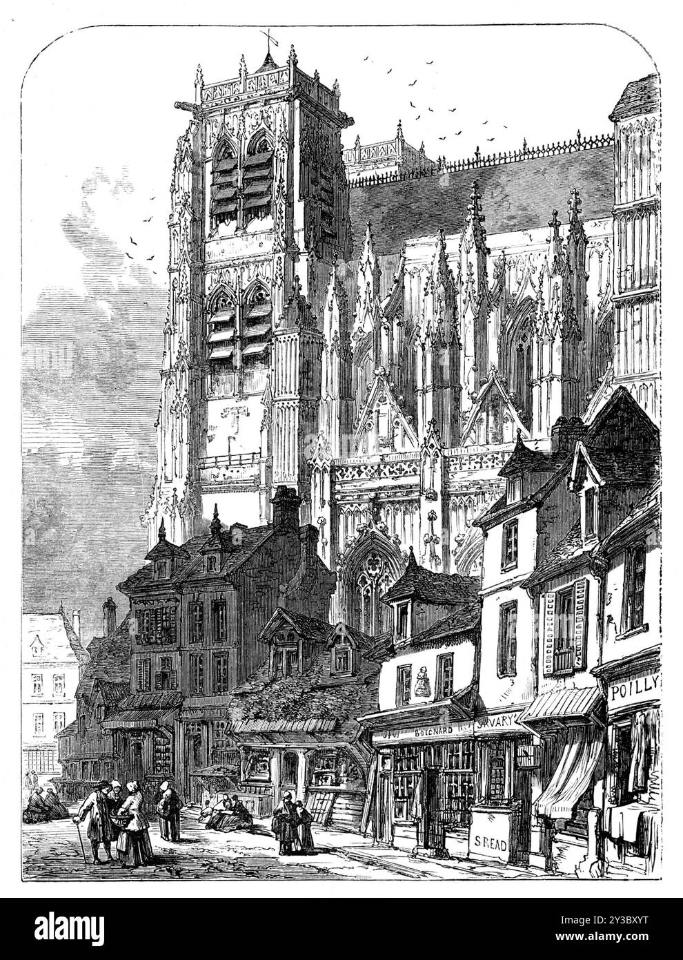 Wolfran, Abbeville, 1871. « La façade est un spécimen vraiment noble du gothique flamboyant. Il est recouvert d'une profusion des œuvres les plus riches, comme le ciseau facile et le goût délicat des maçons français semblent avoir ravi de réaliser. Ce grand front occidental est flanqué de deux tours d'une grande beauté, tandis que l'extérieur du clerestory de la nef, relié par des contreforts volants et des pinacles avec les murs des chapelles latérales de l'allée, le tout enrichi de tracés élaborés, présente une vue d'élégance et de grâce singulières. Une illustration de l'angle sud-ouest du cath Banque D'Images