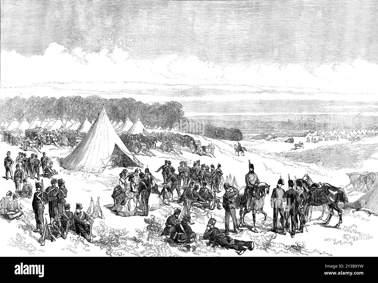 Campement de la garnison de Portsmouth, 1871. Un grand nombre de troupes britanniques ont été emmenées à des endroits situés à une distance de quelques milles et [mis] sous toile, les rations, l'équipement du camp, les ambulances et les chariots d'eau étant emmenés sur les lieux des opérations par le corps fusionné du train militaire, le Commissariat, et Military Store Staff corps, maintenant connu sous le nom de Army Service corps... le "pique-nique" de la journée, comme il faut l'appeler, du fait que les troupes n'avaient rien d'autre à faire que de monter leurs tentes, cuisiner leur nourriture, manger, et s'amuser, a été levé Banque D'Images