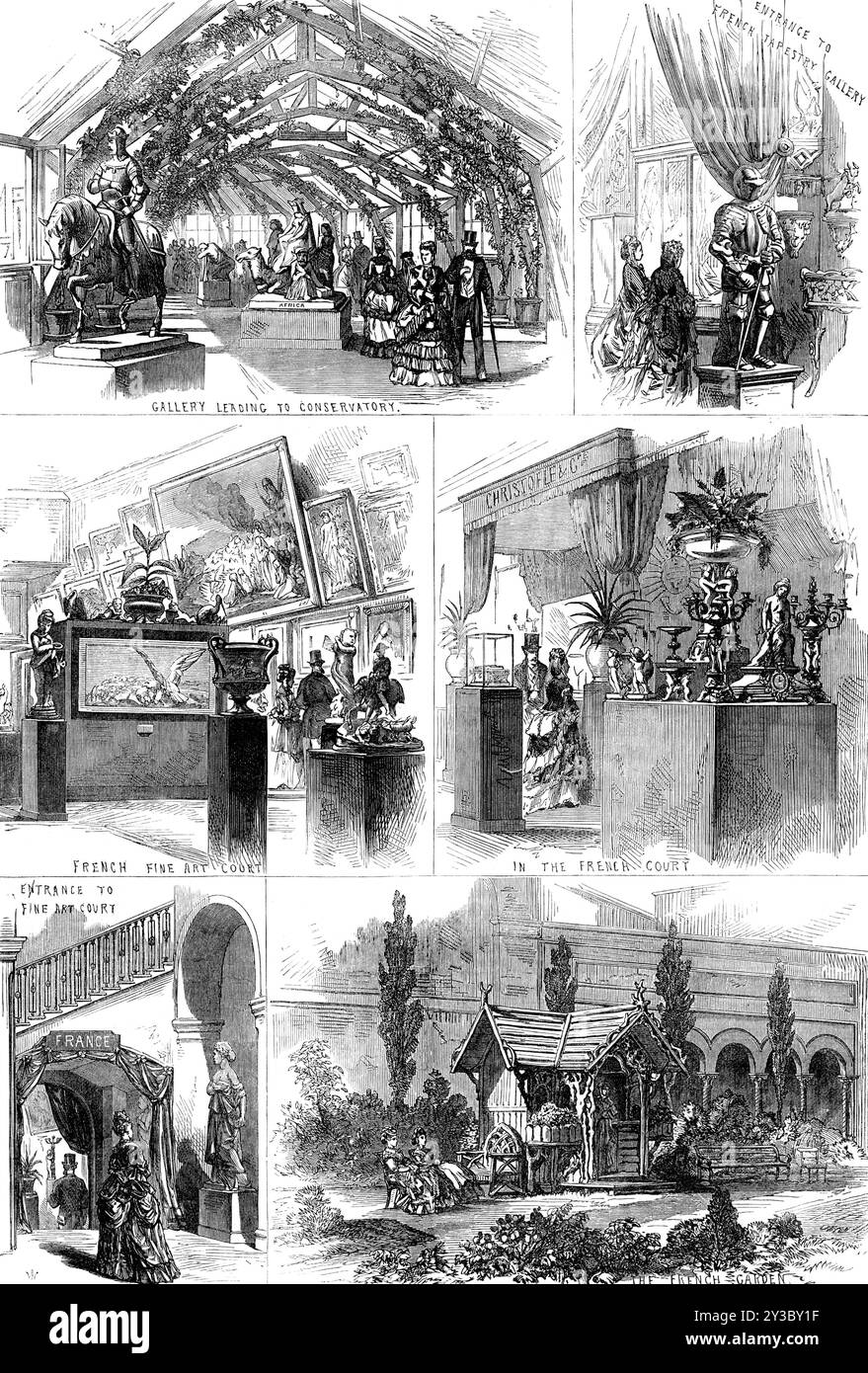 Croquis de l'exposition internationale de South Kensington, [Londres], 1871. Galerie menant au Conservatoire ; entrée à la Galerie de tapisserie française ; Cour des Beaux-Arts française ; dans la Cour française ; entrée à la Cour des Beaux-Arts ; le jardin français...[gravures représentant] la scène à un certain point dans la galerie menant au grand conservatoire, qui jouxte le Royal Albert Hall, sur le côté nord des jardins de la Société horticole. Cette galerie contient beaucoup de belles œuvres de sculpture, et l'effet général, avec les plantes traînantes ornant gracieusement les poutres du toit, est excessivement Banque D'Images