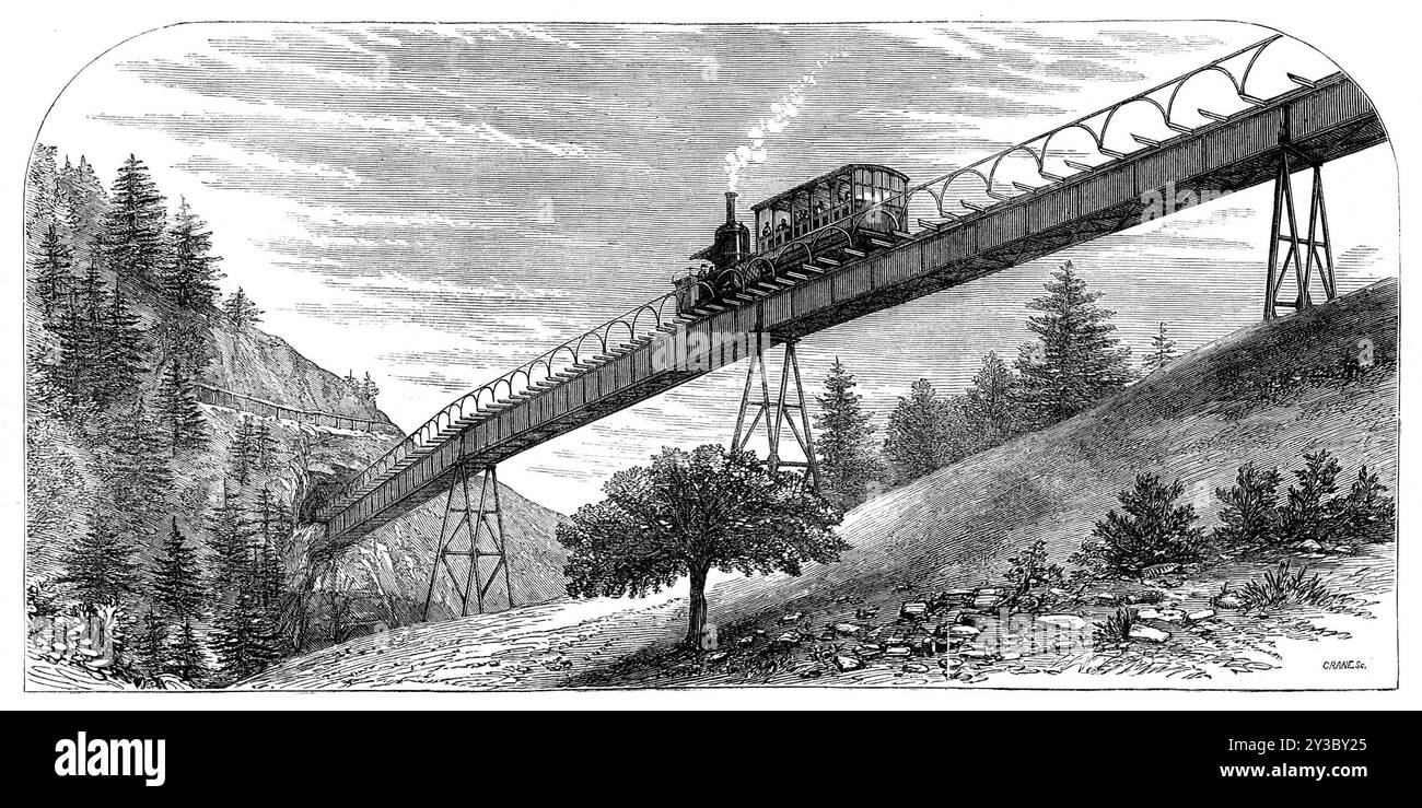 Le chemin de fer de montagne Righi, dans le canton de Schwyz, Suisse, 1871. Tourisme dans les Alpes - le premier chemin de fer à crémaillère de montagne en Europe. '... sur le chemin de fer Righi [sic],... le rail central et la roue centrale se maintiennent l'un l'autre par des roues dentées. La longueur du chemin de fer Righi est de sept miles, d'un endroit appelé Vitznau, sur la rive du lac de Lucerne, à StaffeIh&#xf6;HE, loin en haut de la montagne, la seule station intermédiaire étant Kaltbad... tout le voyage est effectué en une heure et quart, et le tarif facturé est 5f., et moitié prix pour le voyage vers le bas. Le train se compose uniquement de l' en Banque D'Images
