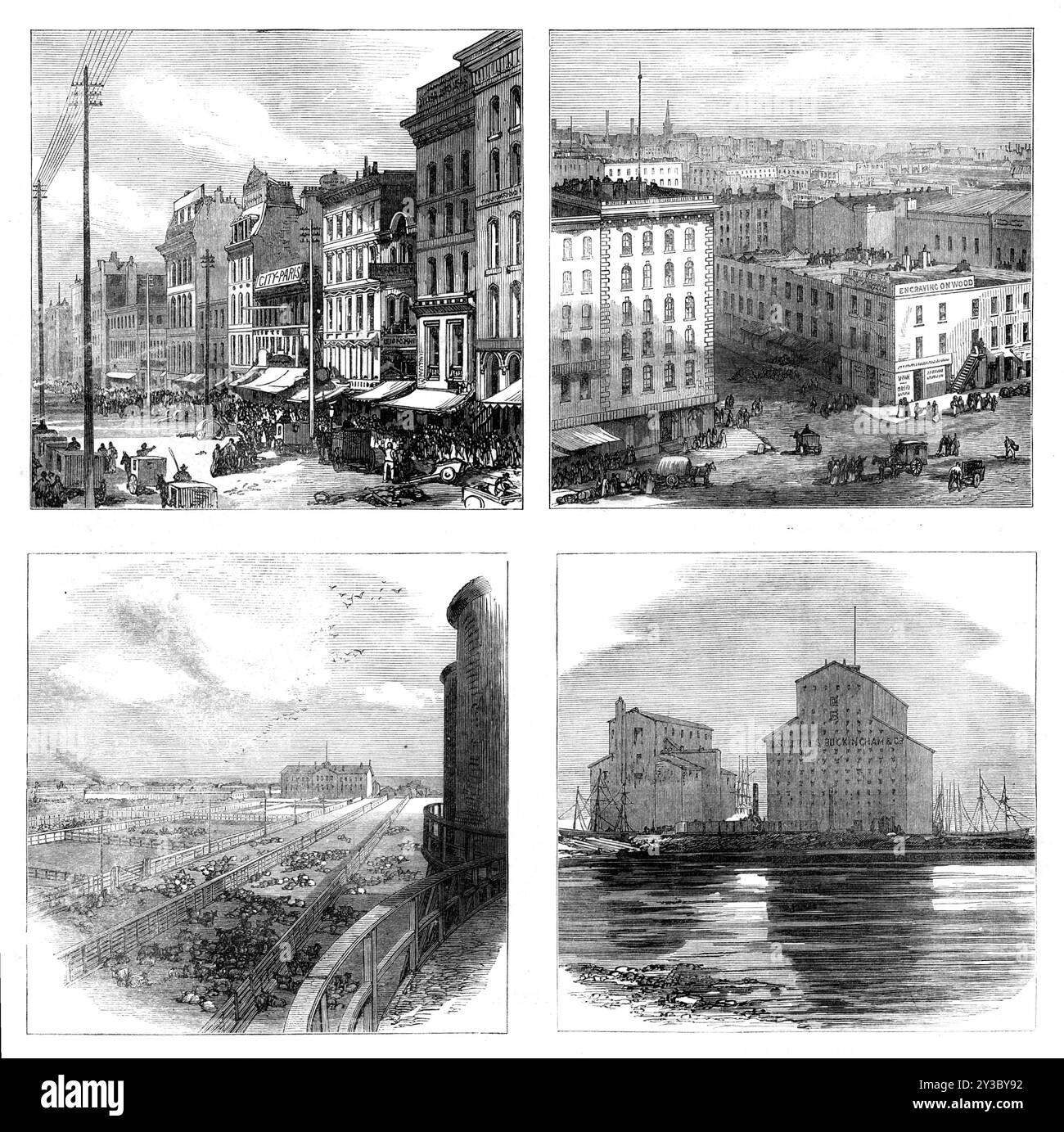 Le grand incendie de Chicago : vues dans la ville, 1871. Avant l'incendie. 'Clark-Street North ; vue depuis le dôme de l'hôtel de ville ; parcs à bétail ; ascenseurs à maïs [de Sturges, Buckingham & amp ; Co.]...L'incendie qui a détruit, la semaine dernière, la meilleure partie de l'une des plus grandes villes commerciales du monde est toujours le sujet le plus captivant de l'actualité...[We present Views] de Chicago tel qu'il était avant l'incendie... les illustrations gravées pour ce numéro de notre Journal seront vues avec un intérêt mélancolique, comme représentant ce qui a péri... Les Great Union Stock-Yards couvraient un espace de 345 acres, avec Banque D'Images