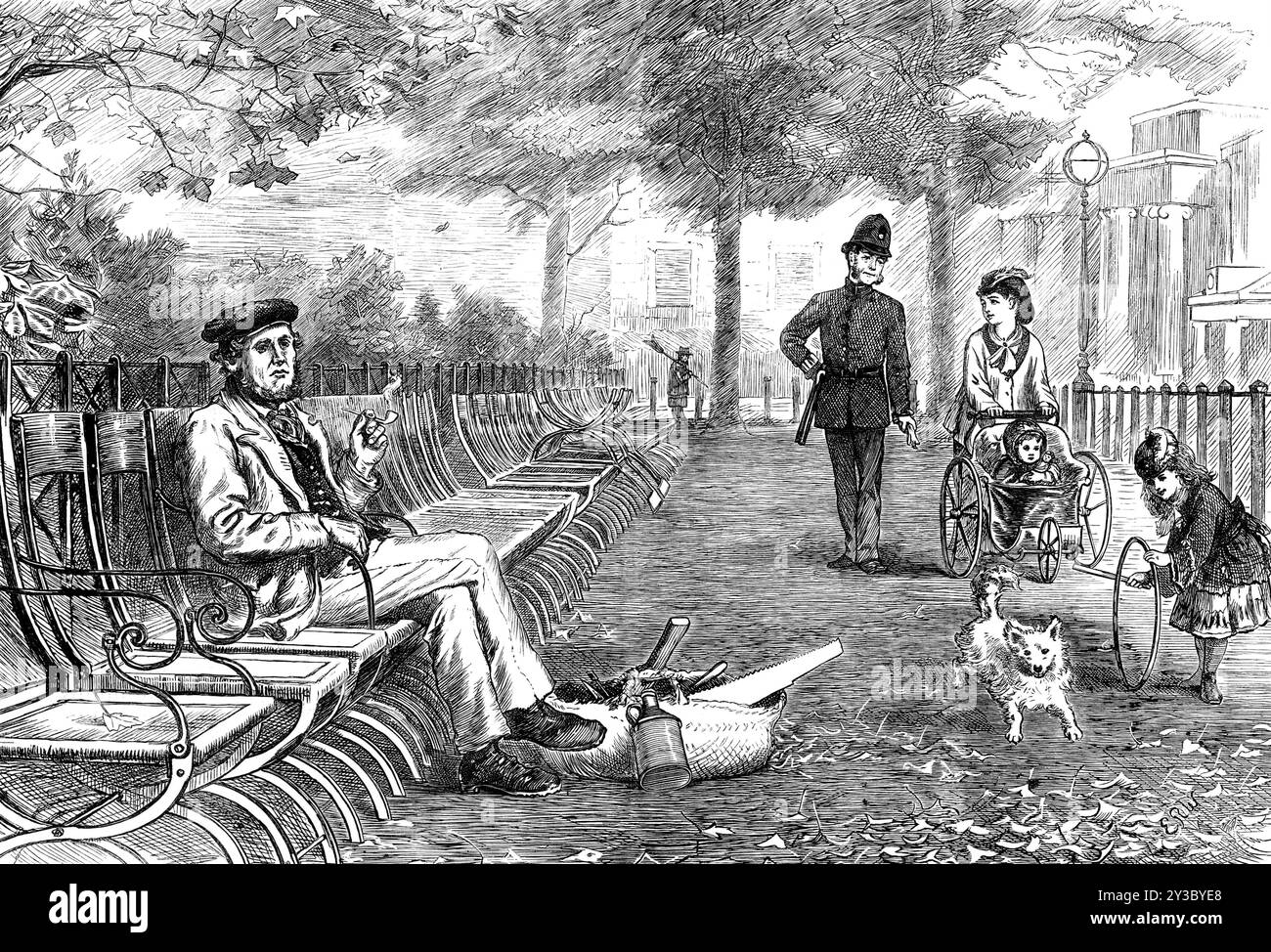 Chill October - Rotten-Row, 1871. '...la vue désolée près de Hyde Park-corner [à Londres]. L'ouvrier britannique est assis dans une solitude sans gaieté sur une chaise qu'on ne lui demandera pas de payer : il dépose le sac d'outils, avec lequel il se dirige lentement vers un emploi de milieu de journée à Bayswater ; il fume la pipe de la méditation politique, et pense qu'il est très douteux que l'un des pairs vienne actuellement s'asseoir à côté de lui pour discuter de la... nouvelle Charte sociale. Quant au policier britannique, une autre de nos institutions nationales, il occupe un poste de service qu'il est susceptible de maintenir comme vaillant Banque D'Images