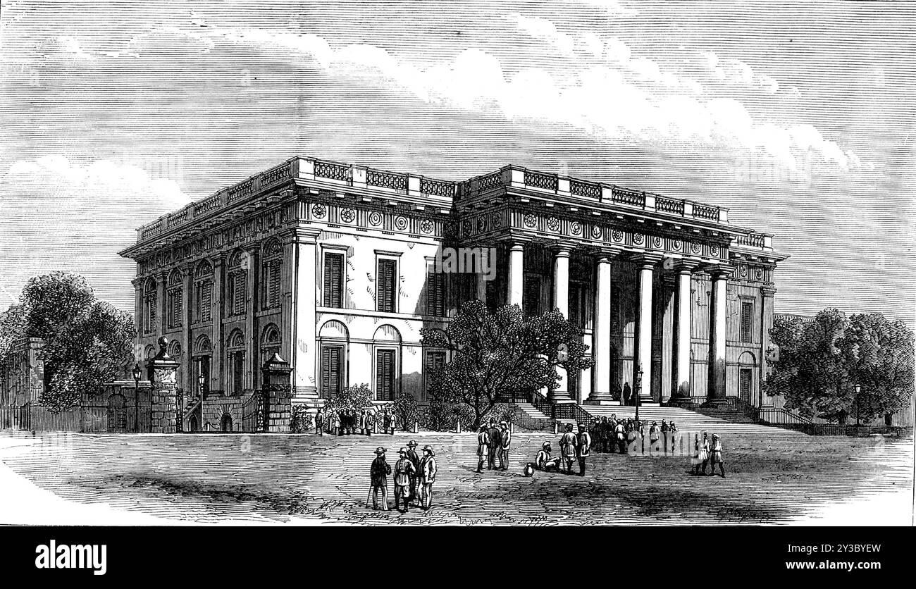 Palais de justice de Calcutta, 1871. « D'après les journaux indiens qui viennent d'être reçus, nous apprenons que l'assassinat de M. Norman, juge en chef par intérim du Bengale, a créé une sensation immense dans chaque ville de l'Inde. L'événement a eu lieu alors que M. Norman entrait dans la haute Cour de Calcutta, quand un natif s'est précipité sur lui dans le vestibule et lui a infligé une blessure profonde à l'abdomen avec un poignard. Comme il n'y avait personne à portée de main, sauf un avocat autochtone et un fonctionnaire de la Cour, M. Norman a couru en arrière, mais il a été suivi par l'assassin, brandissant sa dague. Il a ensuite poignardé le malheureux gentleman dans le dos, tout près Banque D'Images