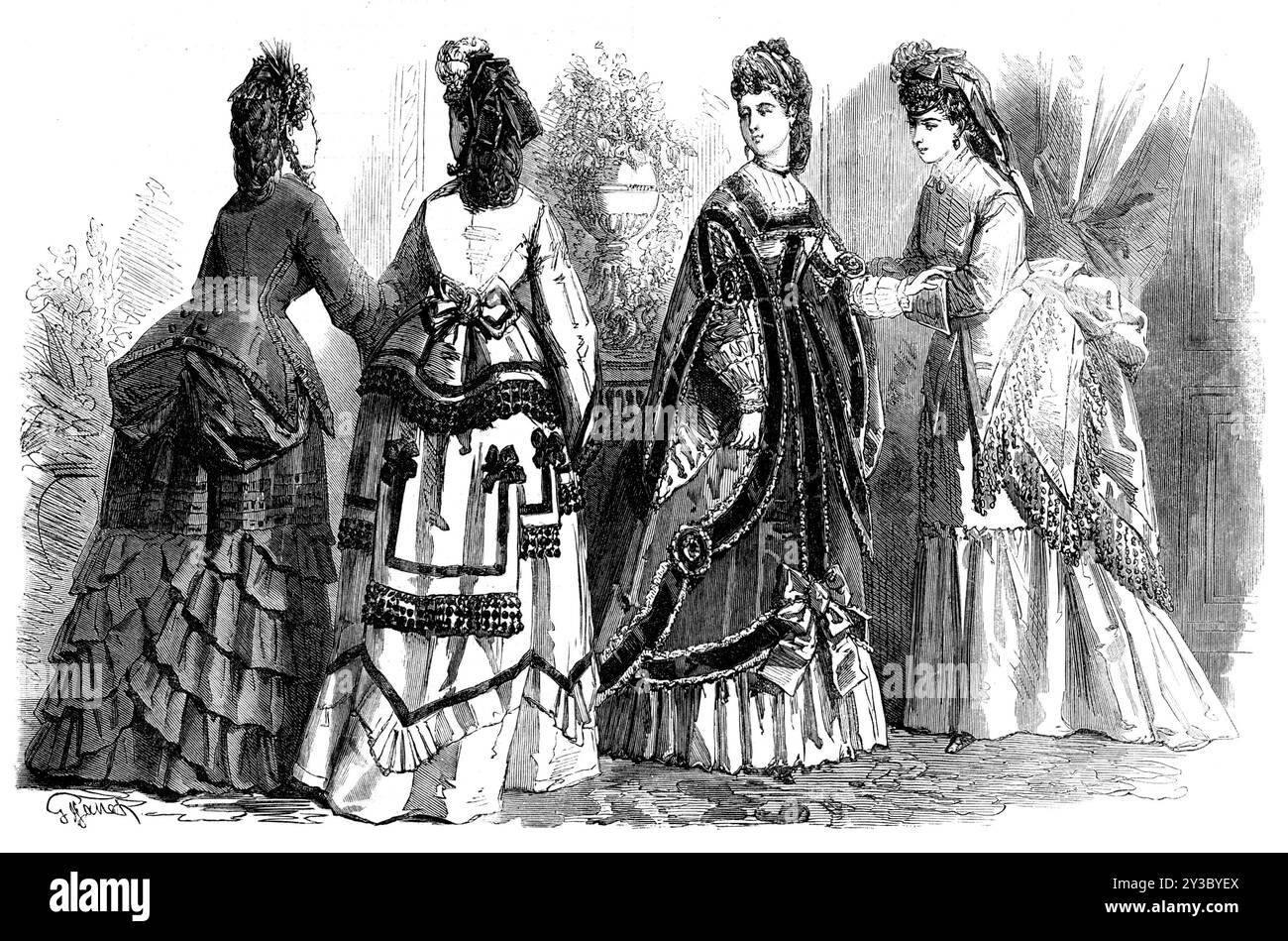 Paris mode pour le mois de novembre 1871. 'Fig. 1. Robe de faille couleur fauve ; la jupe garnie d'une série de volants...bouffantes de dimensions modérées...manches...se terminent par un plongeon profond...chapeau de velours et dentelle...Fig. 2. Robe de taffetas gris bleuâtre, le dessous de jupe garni de large volant vandyked...chapeau...garni devant d'une grande plume blanche...Fig. 3. Toilette de diner de faille verte...la garniture est composée d'une large bande de velours noir...le corsage, qui est bas, et coupé carré, est complété par une chimisette en dentelle. La coiffure est composée d'une touffe Banque D'Images