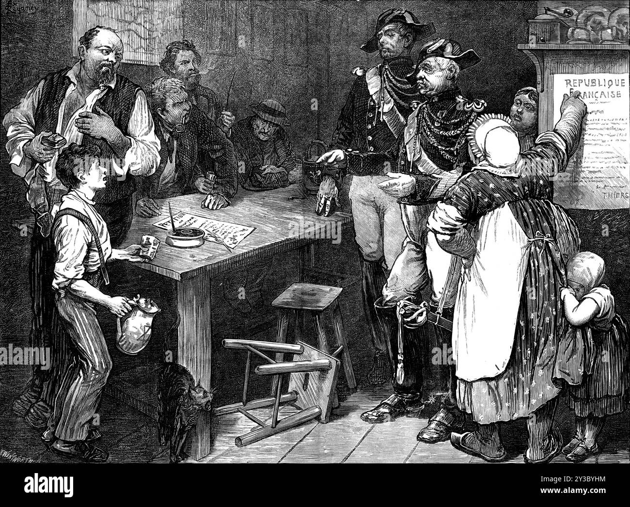 Scène dans un cabaret du nord de la France, 1871. «... des ordres ont été émis par le ministre de l'intérieur... [obligeant] les gardiens de maisons publiques à cesser la pratique consistant à déposer des pétitions écrites ou des mémoriaux sur leurs tables pour signature. Le motif de ce décret était probablement la considération d'un certain danger pour la paix publique qui pourrait découler de tolérer le mélange grisant d'appels sévères à la démocratie... avec la consommation de fluides enivrants tels que le cognac, l'absinthe, ou... le vin... [ici] deux gendarmes [sont] entrés... pour forcer le retrait du journal répréhensible de la salle d'eau, wh Banque D'Images