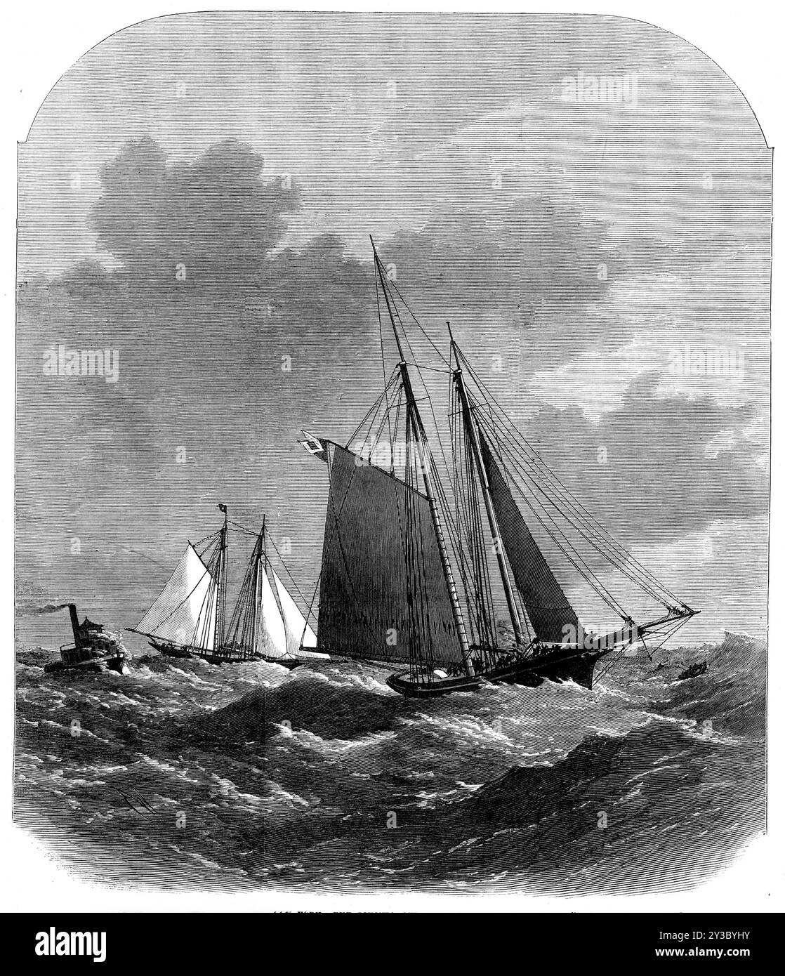 International Yacht-races, New York : la Livonia et le Dauntless dans un vent - "Man Overboard!" 1871. Gravure d'un croquis de Charles Gregory. La série de courses au large du port de New York, naviguée par le voilier-yacht Livonia de Mr. Ashbury contre des concurrents américains successifs... a suscité un grand intérêt de ce côté de l'Atlantique... Mr. Le yacht Dauntless de Gordon Bennett...[était l'un des concurrents]. Le cours était de Sandy Hook Light-Ship vingt miles au vent, puis de revenir : et il devait y avoir une allocation de temps en faveur du Livonia, comme le plus petit navire... quatre ou f Banque D'Images