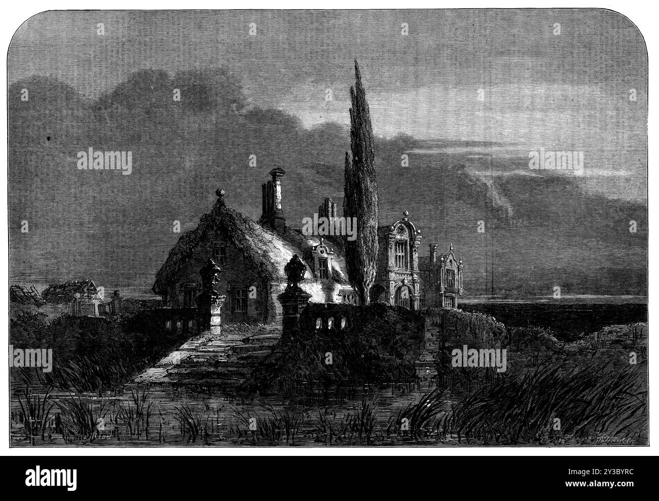 The Moated Grange, dessinée par S. Read, 1871. Illustration pour "Mariana", un poème d'Alfred Lord Tennyson - gravure d'une peinture '...now au South Kensington Museum... comme Tennyson le dit: "Les hangars cassés semblaient tristes et étranges, Unlifted était le loquet de clinking ; désherbé et porté l'ancien chaume sur la grange solitaire et à douves". Nous voyons tout cela dans la description du poète ; mais combien l'artiste a bien rendu cette scène dans le dessin que nous avons gravé!'. Du supplément de Noël à "Illustrated London News", 1871. Banque D'Images