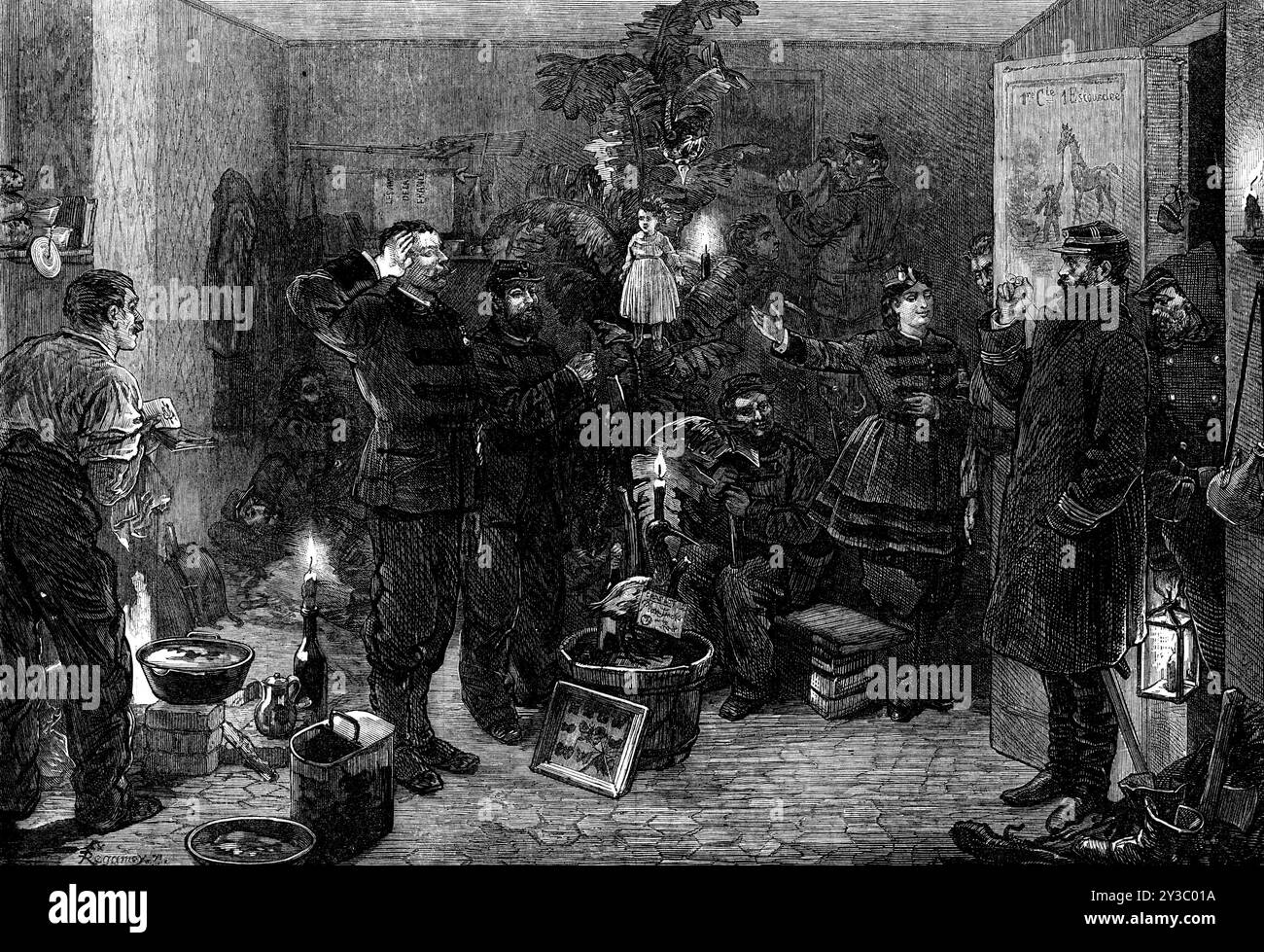 Veille de Noël aux avant-postes, Paris, 1871. '...F&#xe9;Lix Regamey illustration caractéristique de Réveillon - [scène pendant le siège de Paris, avec des extraits de son journal intime:]..."L'armée est entrée dans les quartiers d'hiver ; ...la chaleur et la gaieté reviennent, et nous pourrons avoir un Réveillon pour la nuit. Les nouveaux venus de Paris, qui nous donnent les détails et le résultat de la dernière bataille (dont nous n’avions vu qu’un coin - le nôtre), sont en possession de bouteilles et viands qu’ils sont prêts à sacrifier sur l’autel de la patrie. Cette contribution forme la base de la fête, et ev Banque D'Images