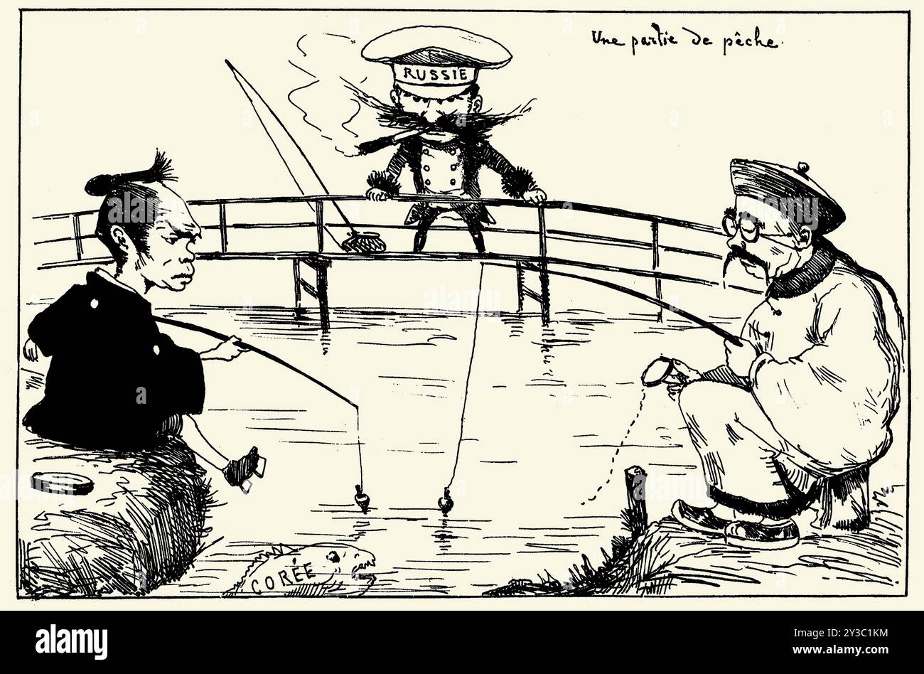 Un voyage de pêche. Caricature sur le différend entre la Chine, le Japon et la Russie au sujet de la Corée. Tiré de "Tobae", 1887. Collection privée. Banque D'Images