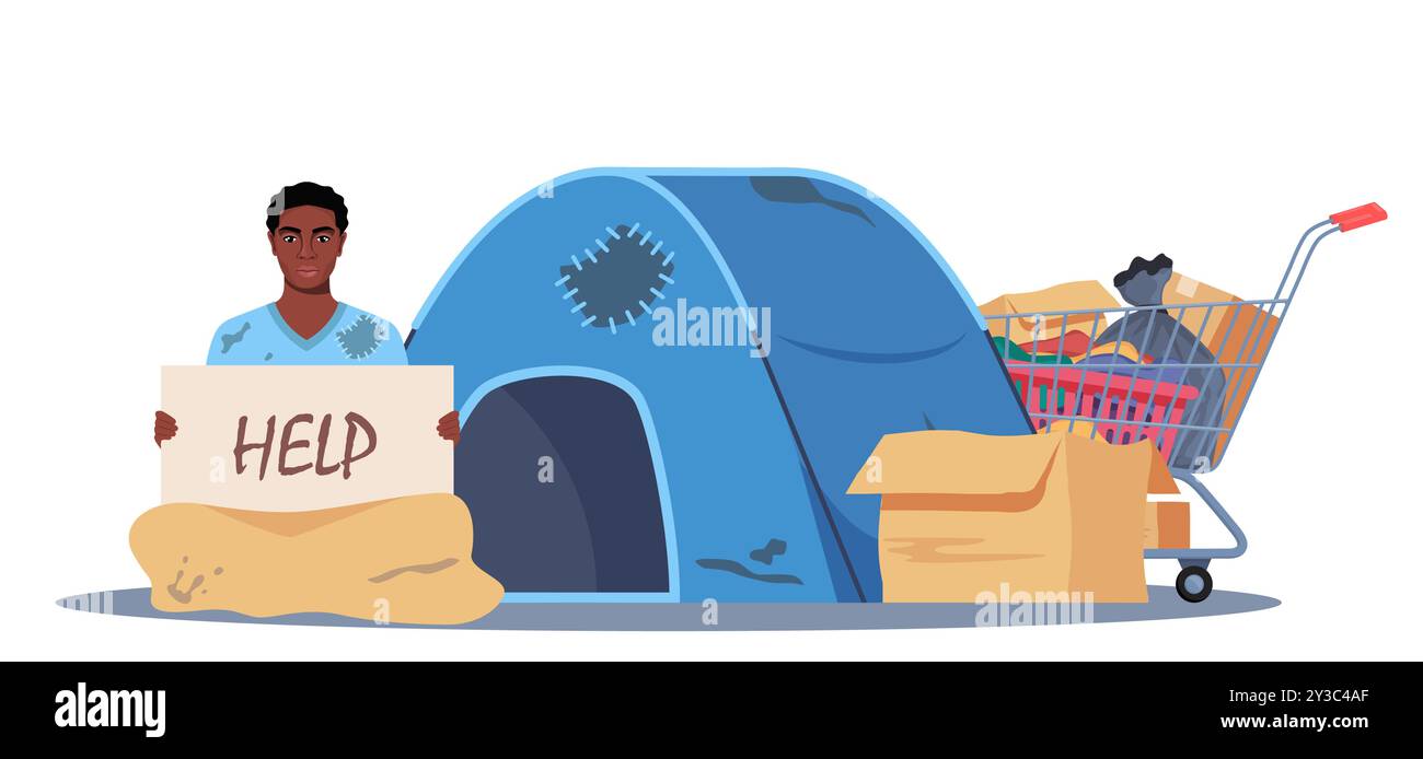 Homme noir sans-abri tenant une bannière d'aide. Chariot chariot chariot avec effets personnels et camp près. Bum dans des vêtements déchiquetés assis sur le sol mendiant de l'argent. Chômeurs Illustration de Vecteur