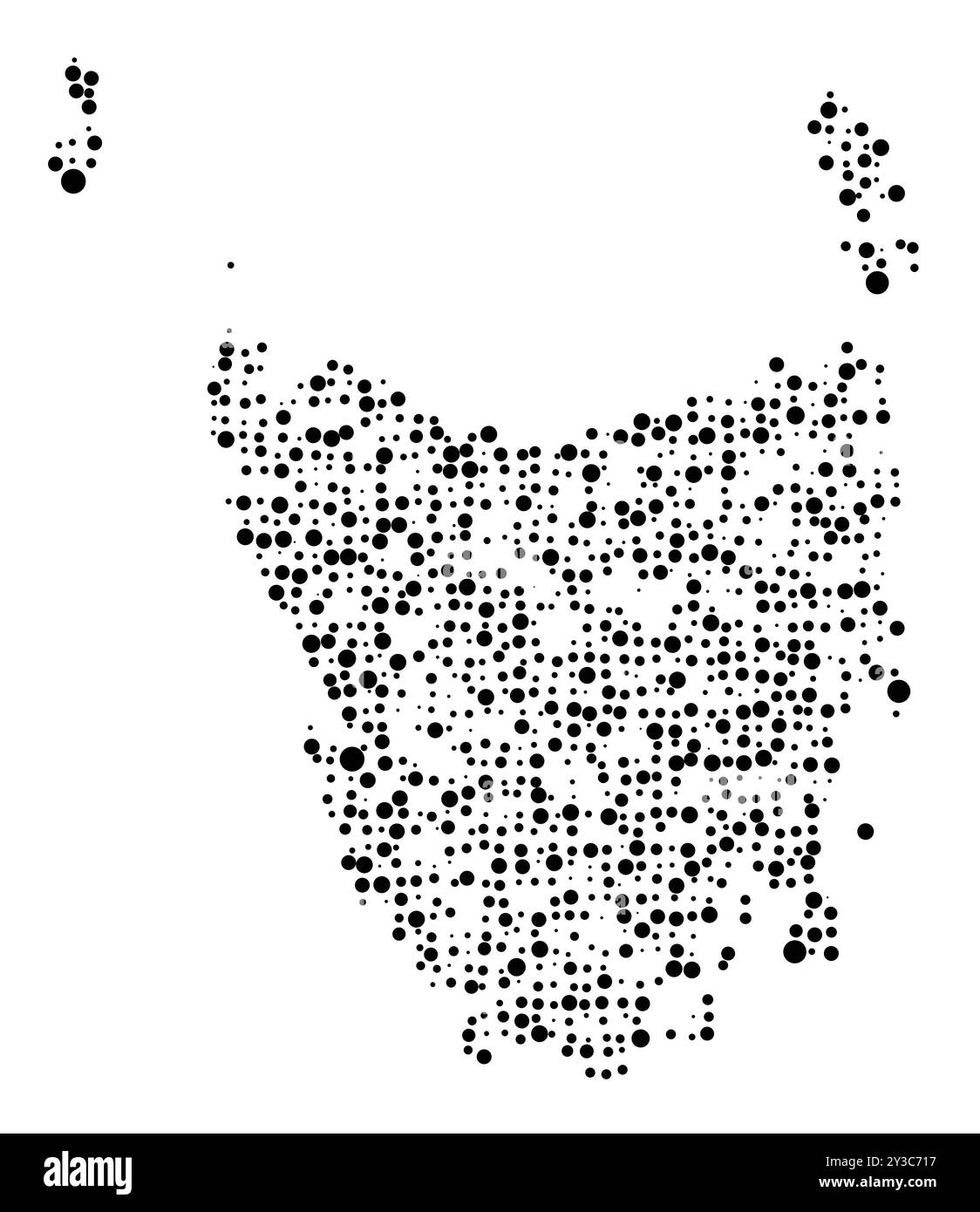 Carte symbolique de l'État de Tasmanie (Australie) montrant le territoire avec un motif de cercles noirs répartis aléatoirement de différentes tailles Illustration de Vecteur