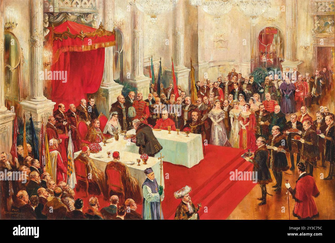 Banquet cérémoniel de couronnement dans la Hofburg de Budapest avec le couple royal nouvellement couronné le 30 décembre 1916, 1917. Collection privée. Banque D'Images Banquet cérémoniel de couronnement dans la Hofburg de Budapest avec le couple royal nouvellement couronné le 30 décembre 1916, 1917. Collection privée. Banque D'Images