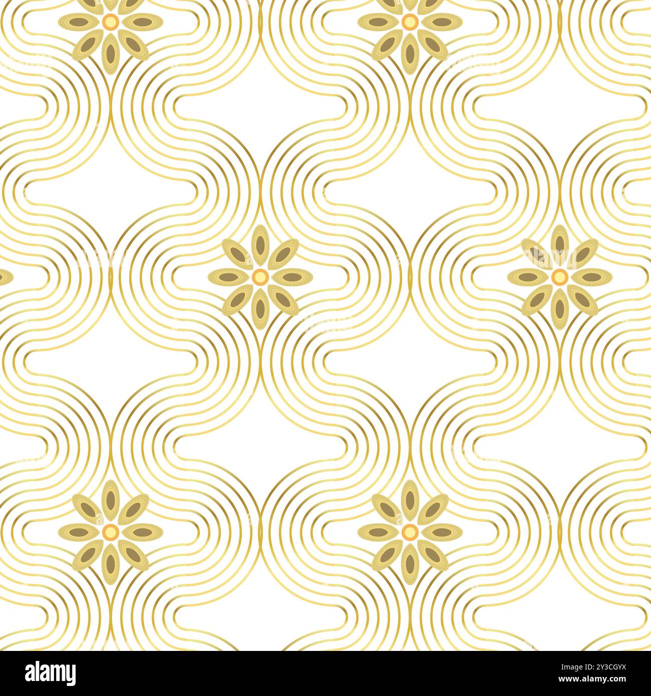 Motif sans couture de ligne ondulée du milieu du siècle avec des motifs géométriques d'étoiles florales en moutarde muette sur fond clair Illustration de Vecteur