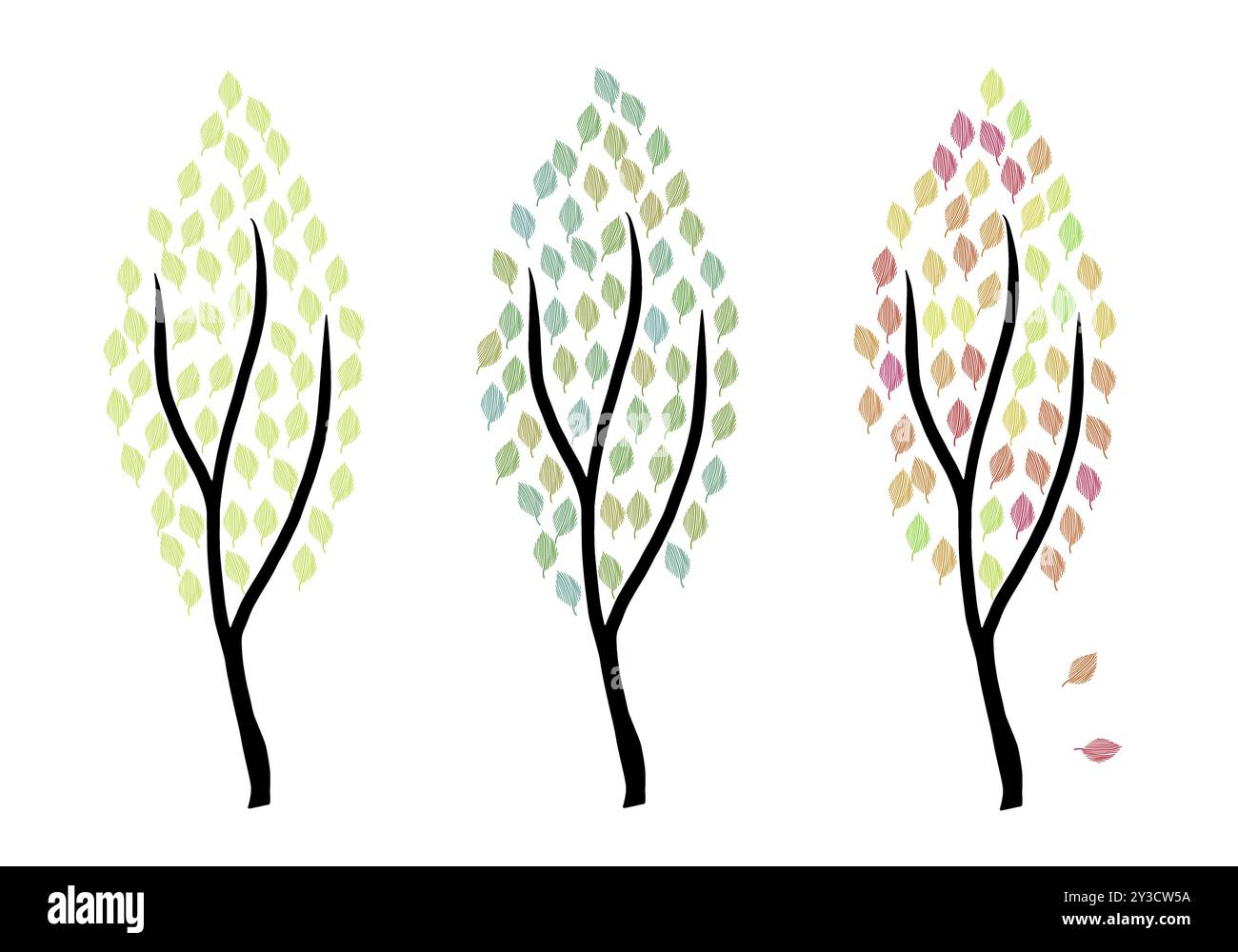 Illustration minimaliste moderne de trois arbres aux couleurs printemps été et automne Banque D'Images