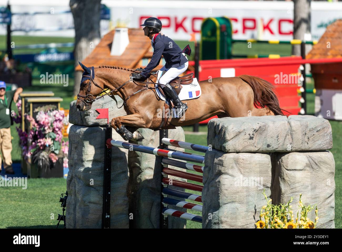 Calgary, Canada - 7 septembre 2024. Julien Gonin, Français, chevauchant Caprice de Guinfard, participe à la Coupe des Nations BMO lors du CSIO Spruce Meadows - Banque D'Images