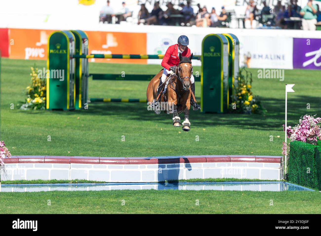 Calgary, Canada - 7 septembre 2024. Daniel Deusser, d’Allemagne, pilote du gangster V/H Noddevelt, participe à la Coupe des Nations BMO lors du Spruce Meado du CSIO Banque D'Images