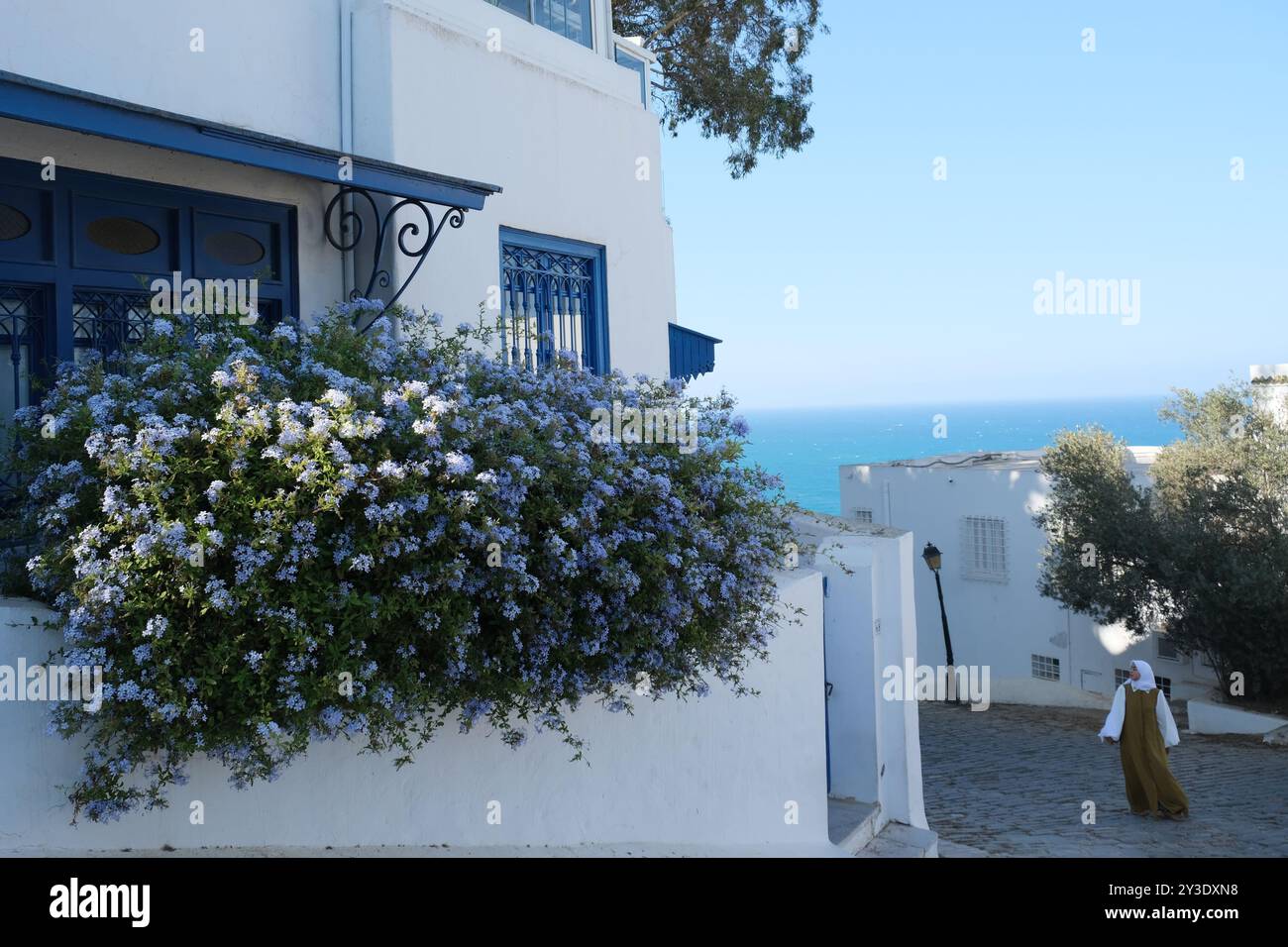 Une femme musulmane devant une maison ornée de fleurs dans le joli village balnéaire tunisien Sidi Bou Said Banque D'Images