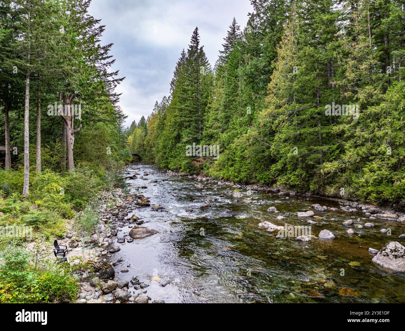 Vue de la rivière Snoqualmie depuis un drone à North Bend, Washington. Banque D'Images