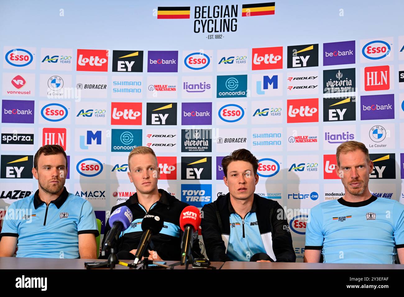 Hasselt, Belgique. 13 septembre 2024. Le belge Bert Van Lerberghe, le belge Tim Merlier, le belge Jasper Philipsen et le belge Tim Declercq photographiés lors d’une conférence de presse de l’équipe belge au Championnat d’Europe 2024, à Hasselt, vendredi 13 septembre 2024. Les Championnats d'Europe sur route 2024 de l'UEC se dérouleront du 11 au 15 septembre à Limbourg, en Belgique. BELGA PHOTO DIRK WAEM crédit : Belga News Agency/Alamy Live News Banque D'Images