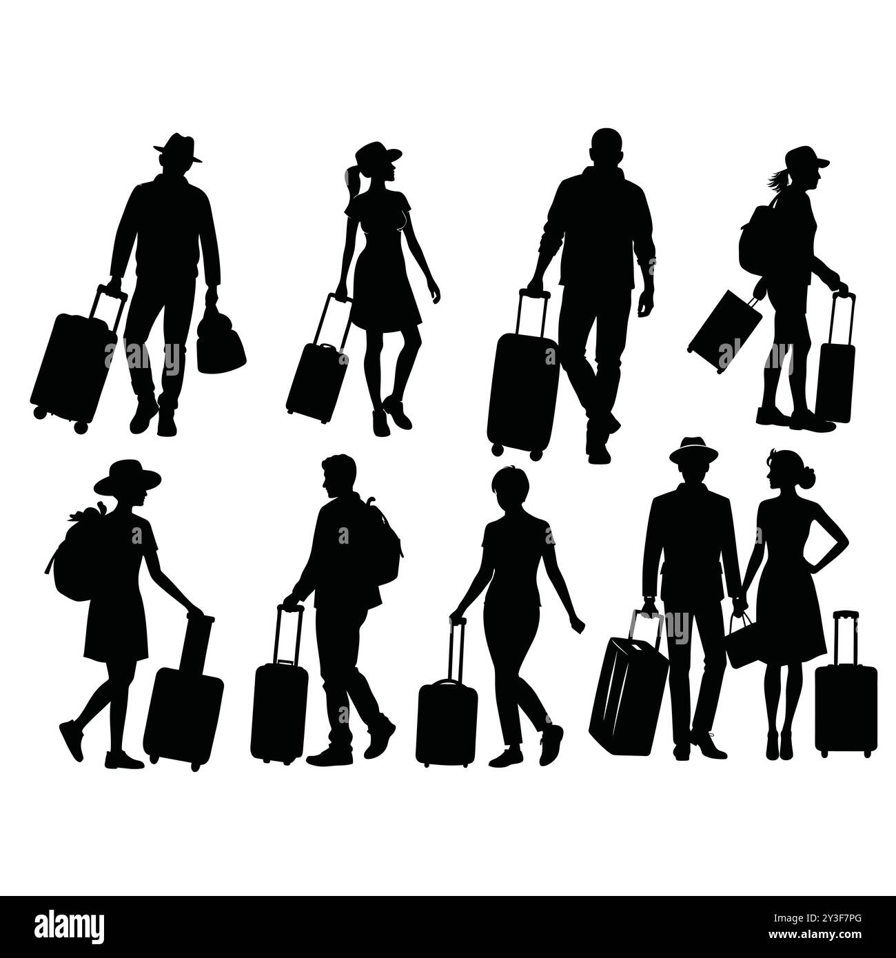 Silhouette voyageurs avec valises illustration vectorielle. Illustration de Vecteur