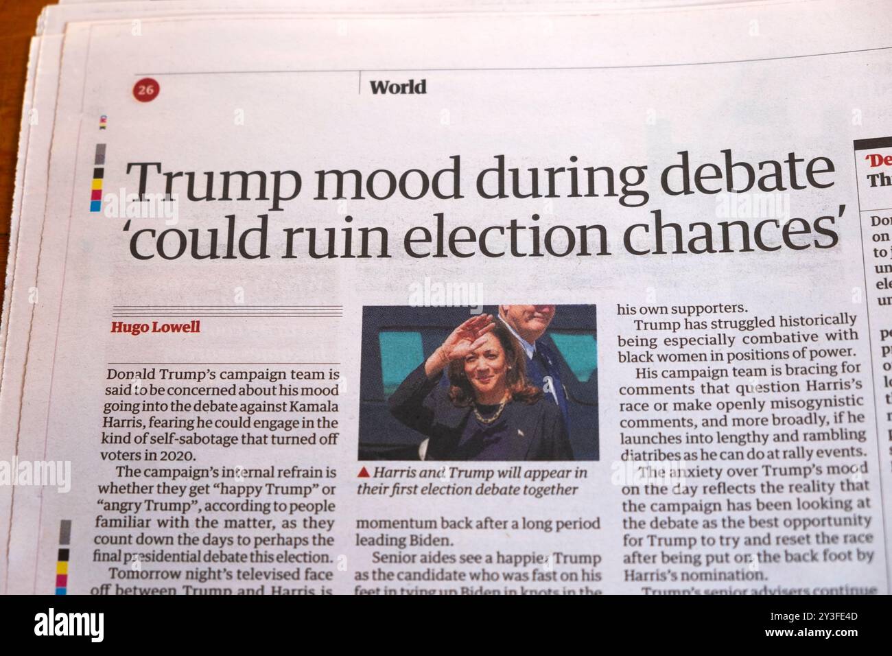 Donald 'Trump Mood pendant le débat 'Could Ruin Election chances' le journal Guardian titre l'article sur les élections américaines Londres Angleterre Royaume-Uni 10 septembre 2024 Banque D'Images