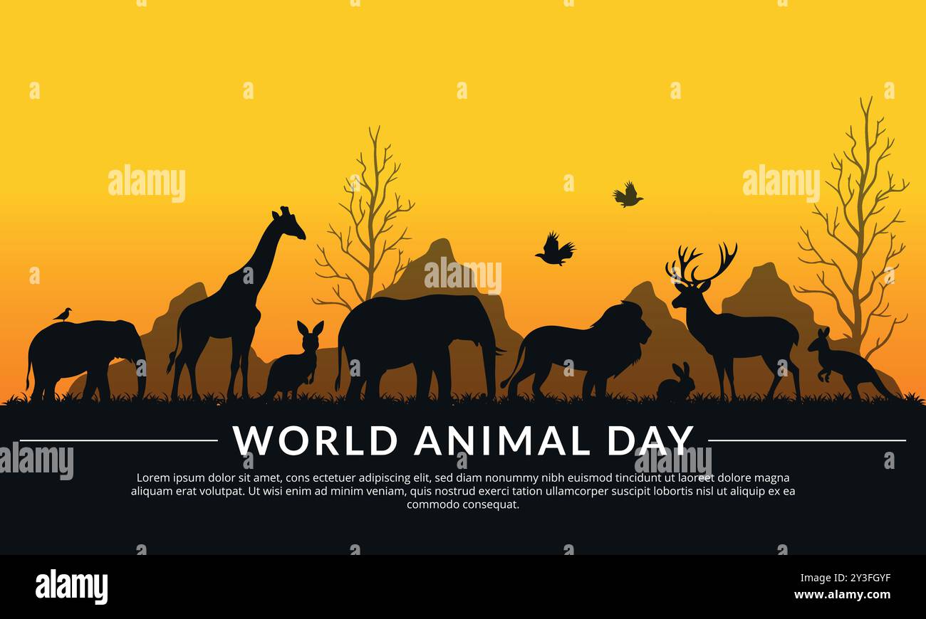Fond de journée mondiale des animaux, silhouette de la faune avec girafe, éléphant, lion, cerf, kangourou, etc adapté aux salutations, bannière, affiche, modèle Illustration de Vecteur Fond de journée mondiale des animaux, silhouette de la faune avec girafe, éléphant, lion, cerf, kangourou, etc adapté aux salutations, bannière, affiche, modèle Illustration de Vecteur