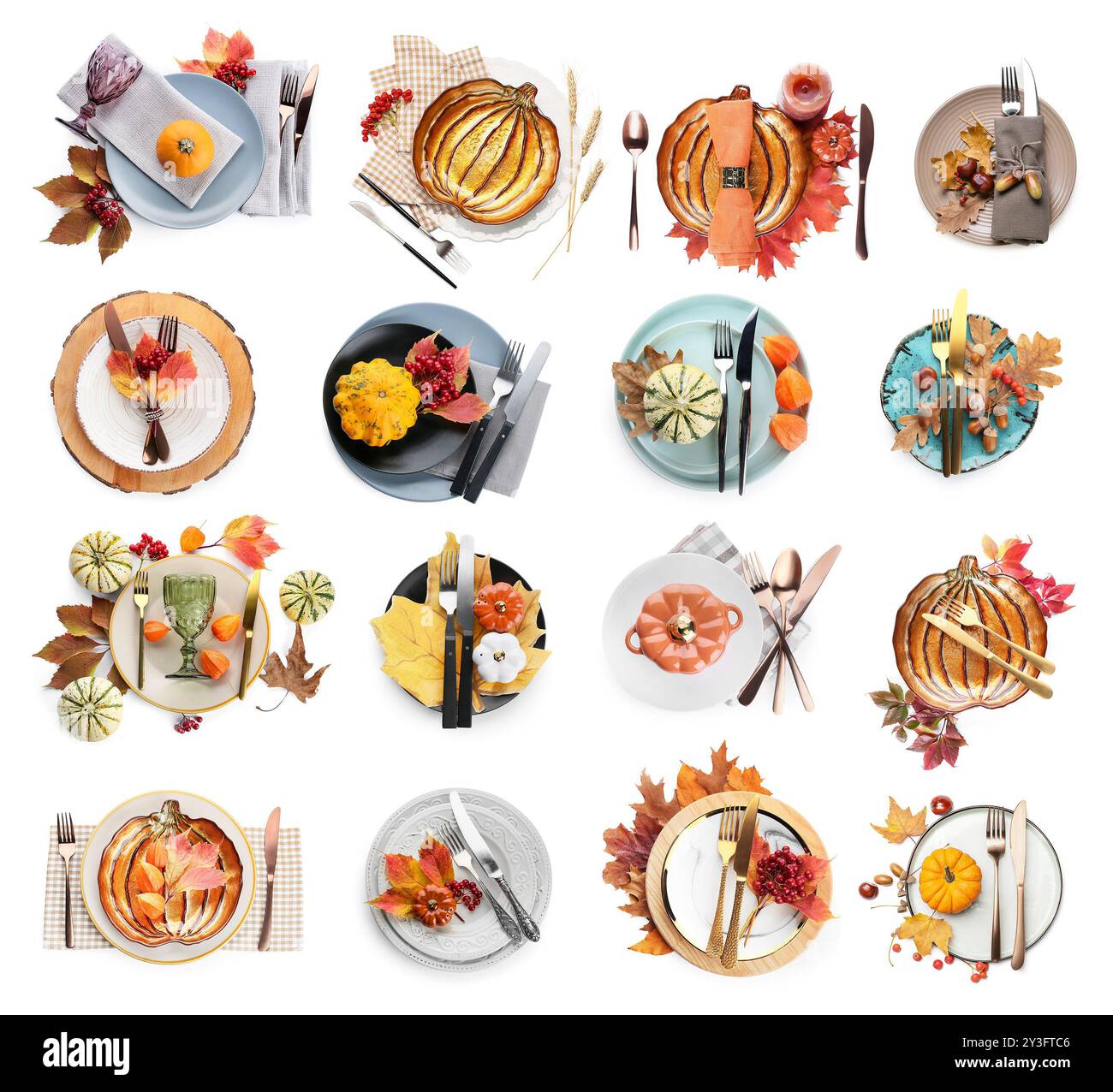 Beaucoup de beaux réglages de table pour Thanksgiving Day sur fond blanc Banque D'Images