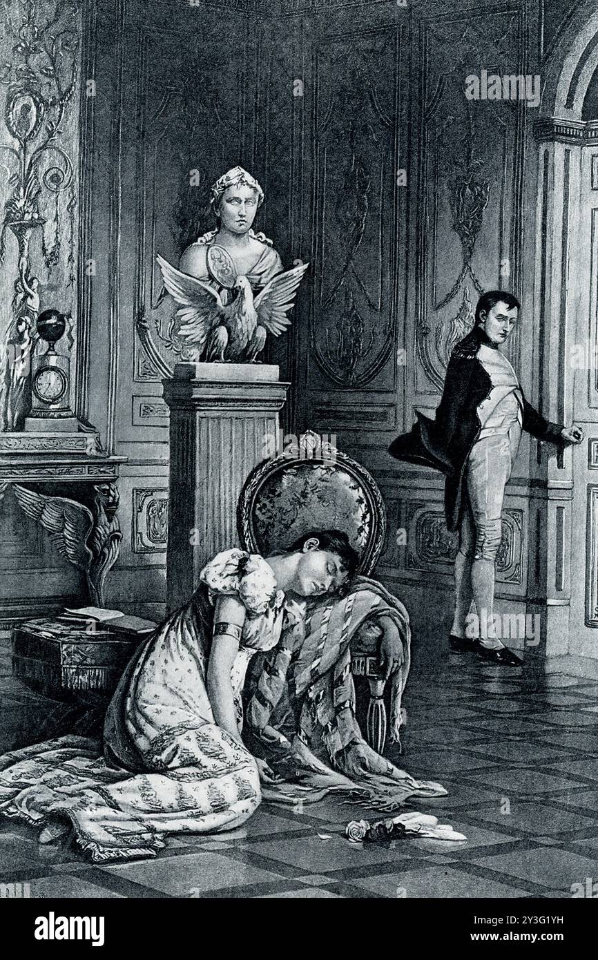 Cette illustration du début des années 1900 représente la dernière scène (date de 1809) dans l'étrange romance d'amour de la carrière de Napoléon. La légende se lit comme suit : « ici, dans la salle magnifiquement décorée du palais dans lequel il avait établi sa femme, il se détourne d’elle, la déserte enfin. Aucun enfant n'était né de la paire, et Napoléon désirait un fils pour lui succéder sur le trône. Il annonça donc froidement à Joséphine son intention de divorcer. La femme désespérée s'évanouit au sol. Le conquérant lui-même semble un instant hésiter, sentir sa solitude, et presque vaciller Banque D'Images