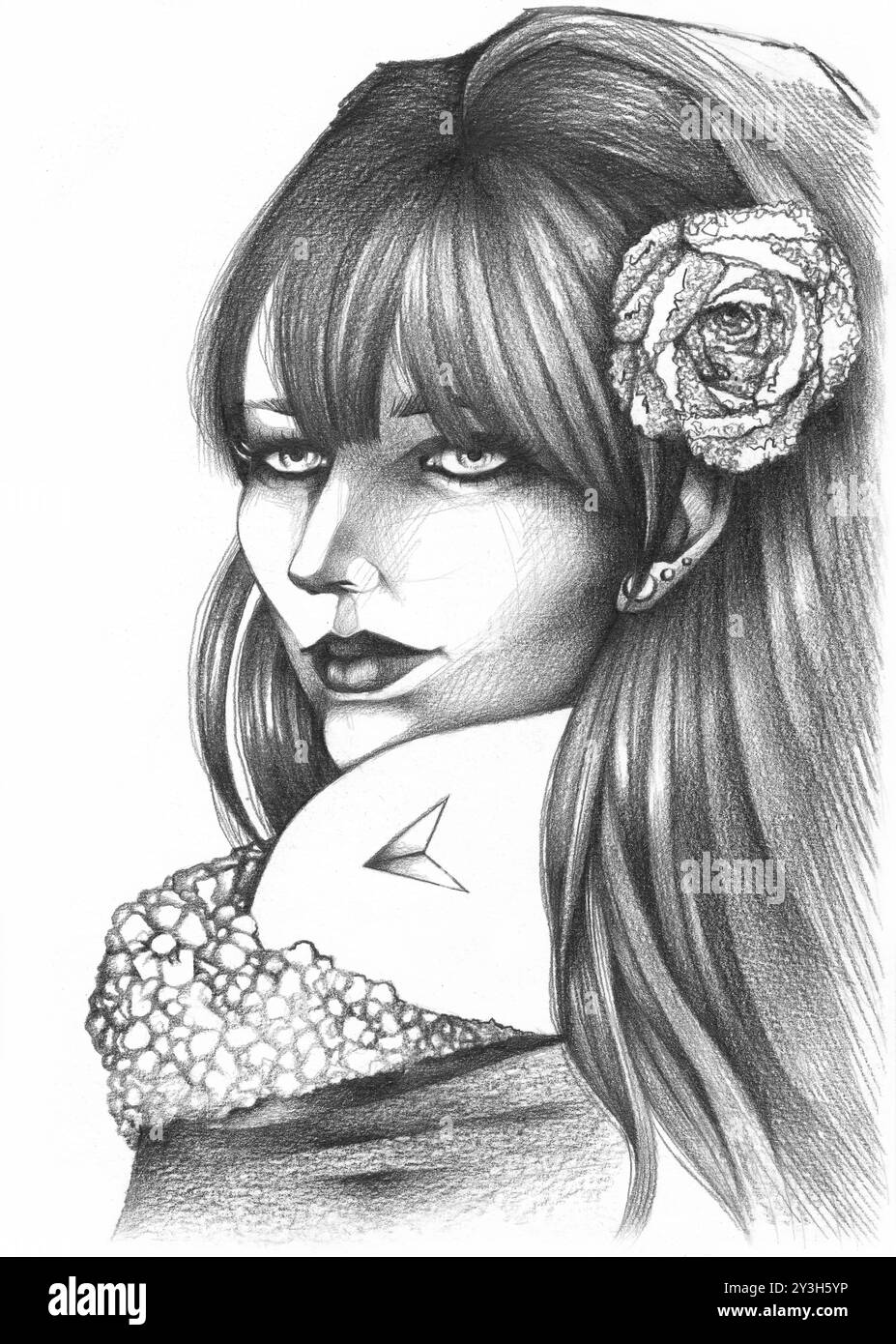L'illustration représente une femme au look intense, avec une rose dans les cheveux et un tatouage sur l'épaule, dessinée avec élégance et détail. Banque D'Images
