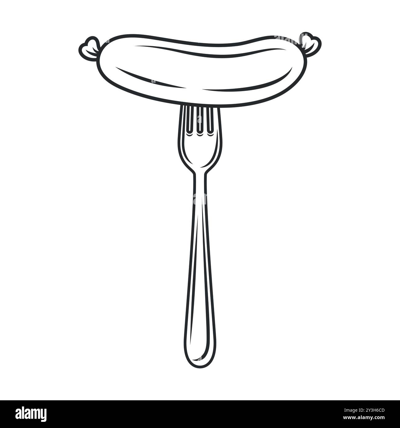 Flat Vector Cartoon saucisse sur la fourchette avec Outline gros plan isolé sur fond blanc. Illustration de nourriture vectorielle pour Menu, BBQ et conception culinaire Illustration de Vecteur