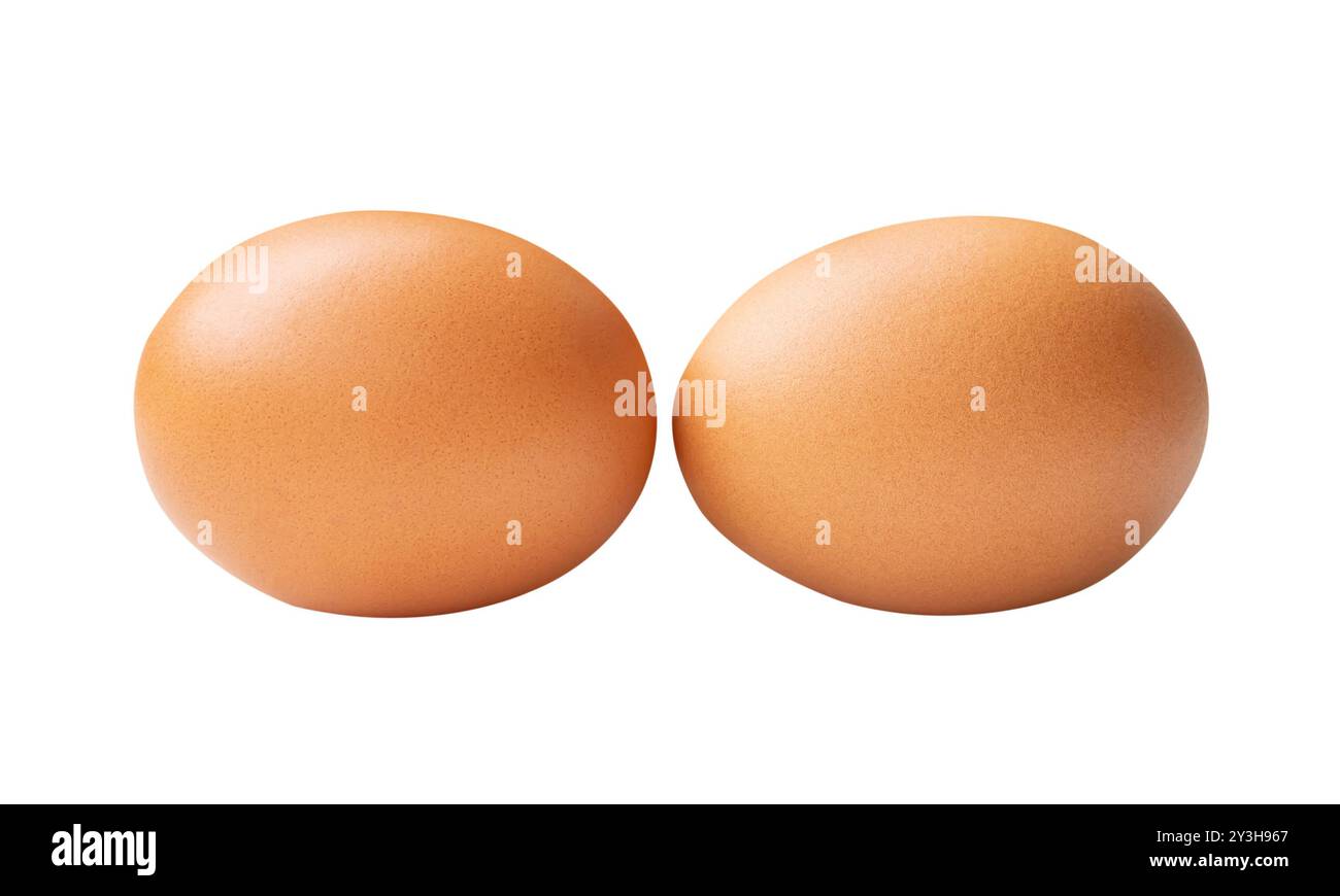 Vue de dessus ensemble de deux œufs de poule brun frais est isolé sur fond blanc avec chemin de découpage. Banque D'Images