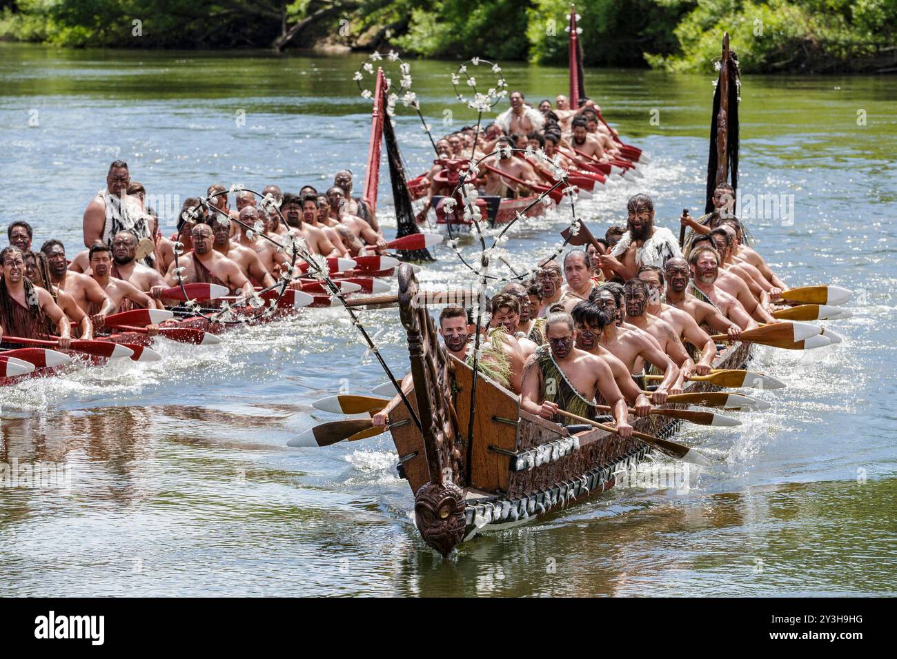 Cinq canoës maoris waka sur la rivière Waikato saluent le prince Charles de Galles et Camilla, duchesse de Cornouailles au Turangawaewae Marae, Hamilton, Nouvelle-Zélande, dimanche 08 novembre 2015. Banque D'Images