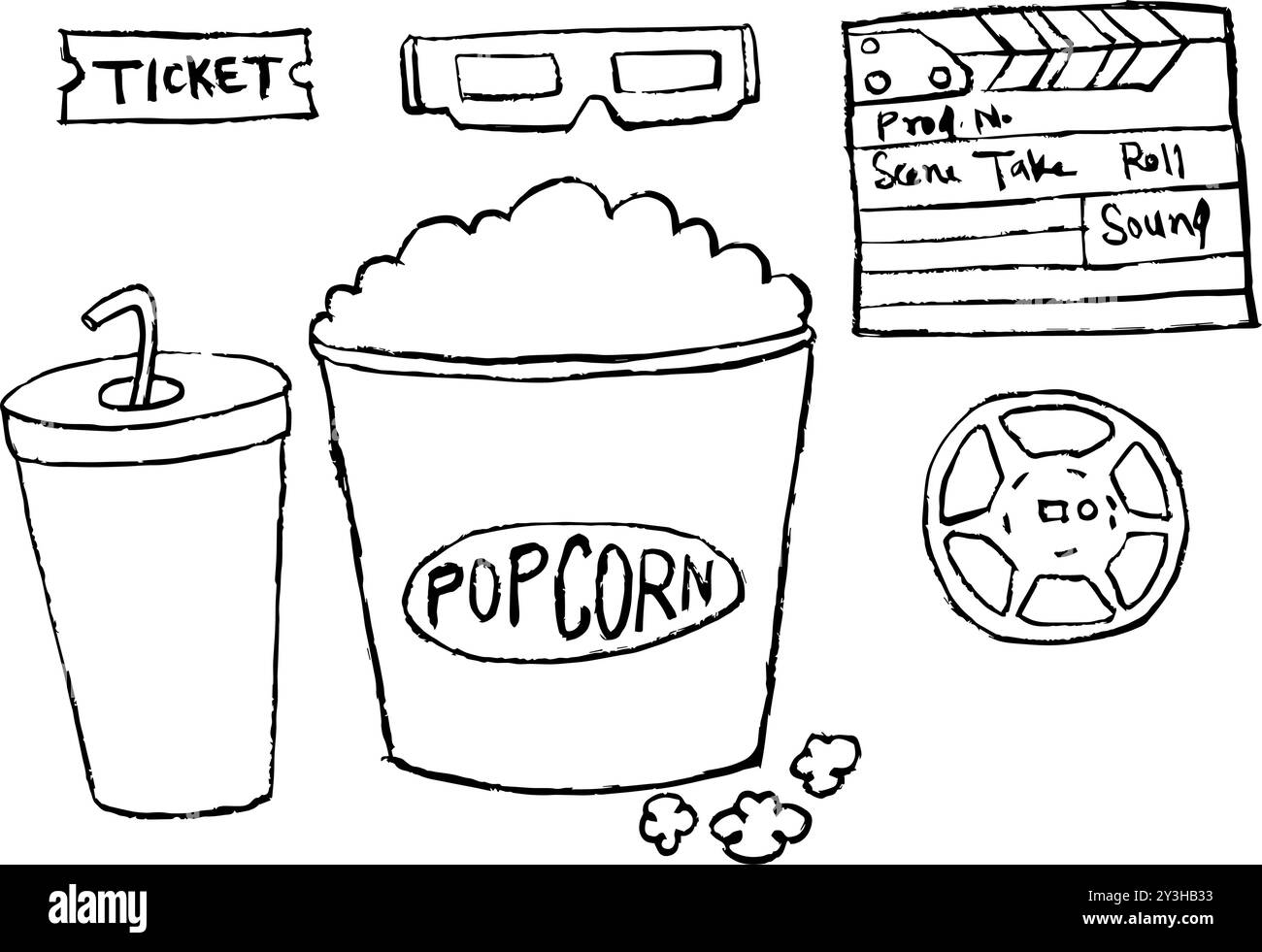 illustration dessinée à la main de pop-corn, soda, verre 3d et billets, concept de visionnement de film Illustration de Vecteur