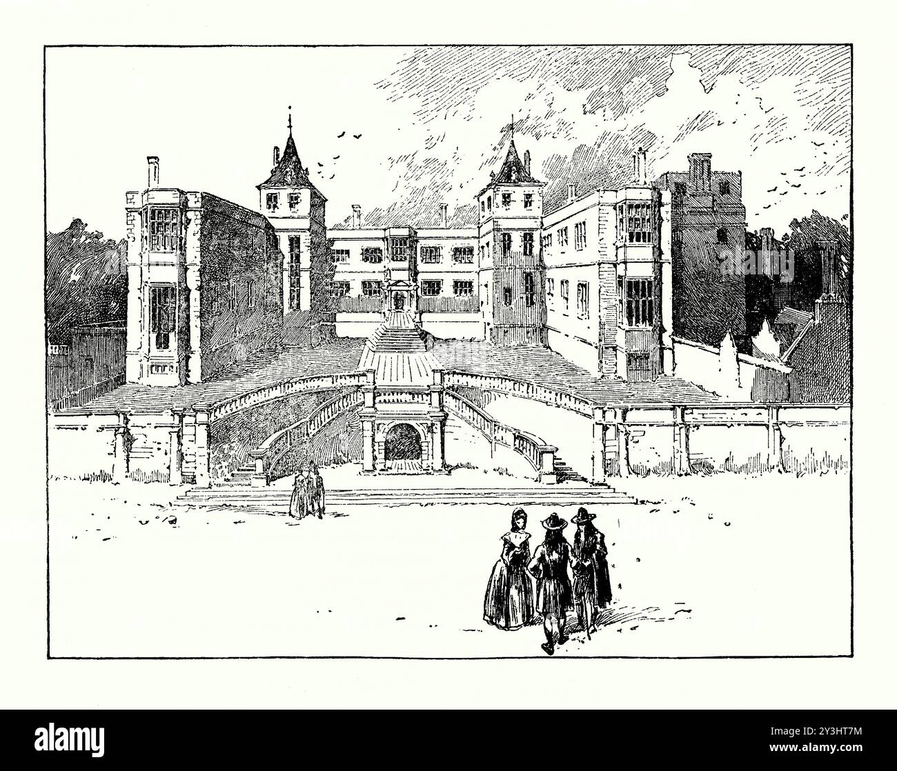 Une ancienne gravure du manoir, Wimbledon (également connu sous le nom de Wimbledon Palace) SW London, England, UK vers 1660. Il est tiré d'un livre d'histoire victorienne de c.1900. Cette vue montre le front nord. Il a été construit en 1588. Sir Thomas Cecil, plus tard comte d'Exeter a acheté le manoir de Wimbledon en 1576 - il avait vécu là quand il était enfant, dans le vieux presbytère. Son père, Sir William Cecil, 1er baron Burghley, a été titulaire de l'ancien presbytère comme résidence de grâce par la Couronne et a décidé de construire un grand nouveau manoir de Wimbledon à côté qui devait être connu sous le nom de Wimbledon Palace. Banque D'Images