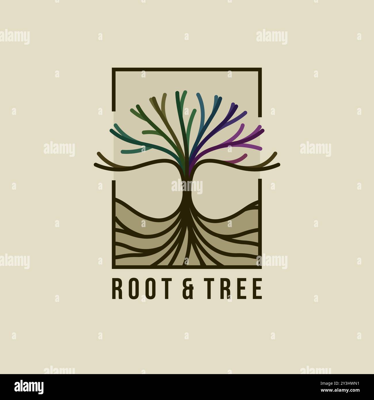 Logo d'arbre d'art de ligne avec un design coloré. Conception de logo d'arbre avec branche et élément racine. Conception d'arbre qui pousse au-dessus du sol Illustration de Vecteur