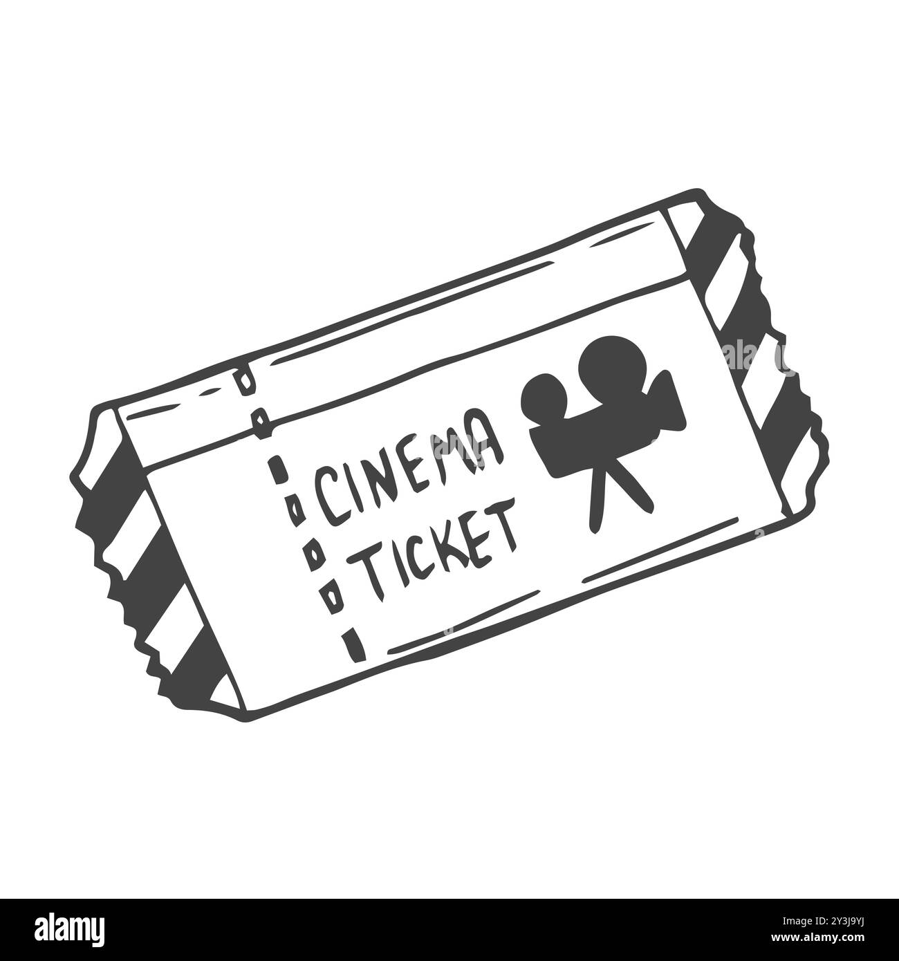 Deux billets de cinéma isolés sur fond blanc. Billet de cinéma dessiné à plat à la main. Billet d'entrée au cinéma avec icône de dessin. Modèle de passe d'admission maquette ou p Illustration de Vecteur
