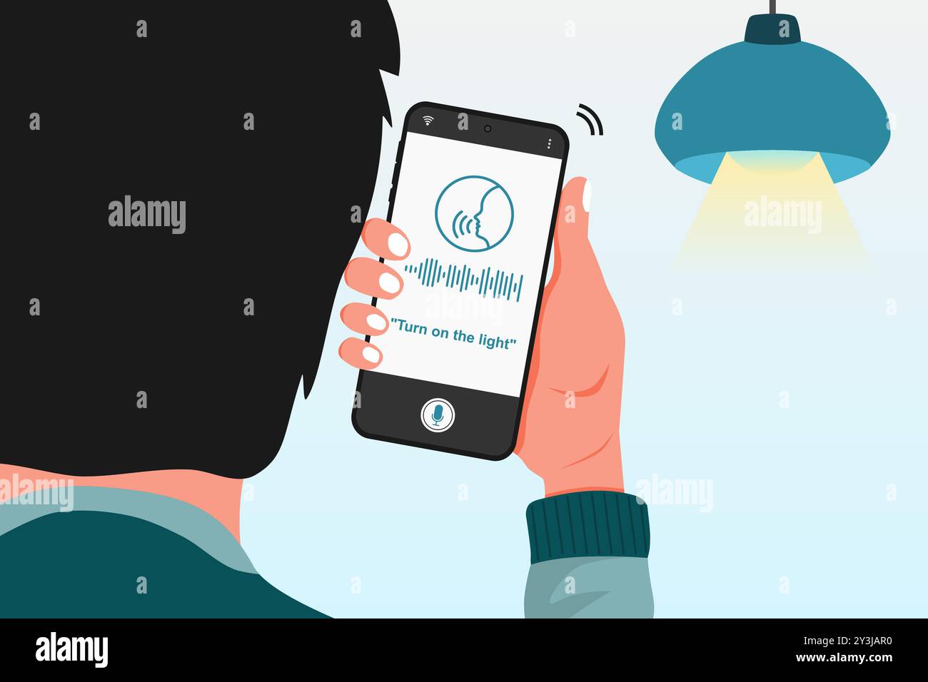 Man donne une commande vocale à une application de maison intelligente sur son smartphone pour allumer la lumière. Illustration vectorielle. Illustration de Vecteur