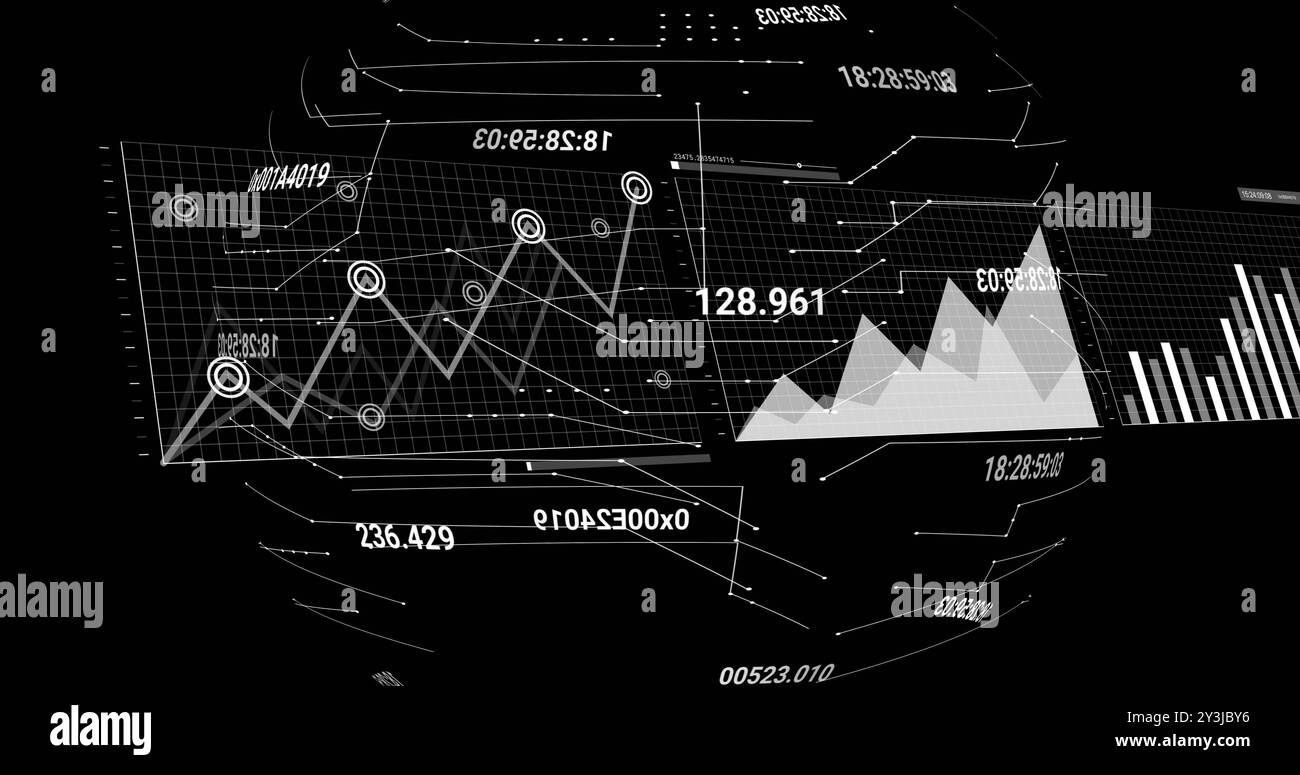 Image du traitement des données financières et du globe sur fond noir Banque D'Images
