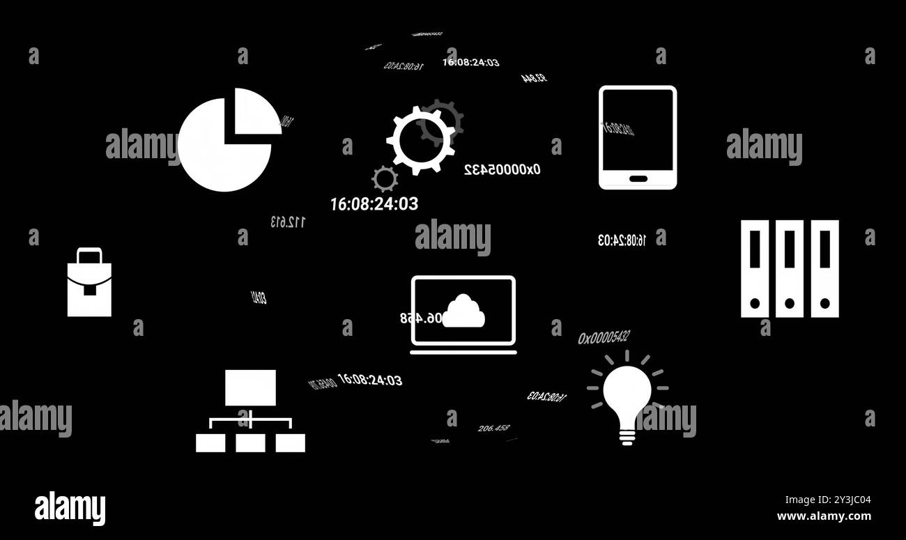 Image du traitement des données financières et icônes sur fond noir Banque D'Images