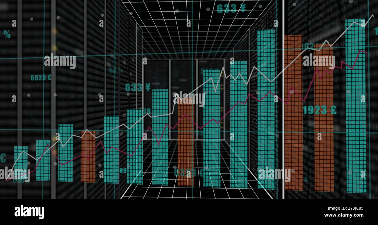 Image du traitement des données sur graphique et transfert via le réseau Banque D'Images