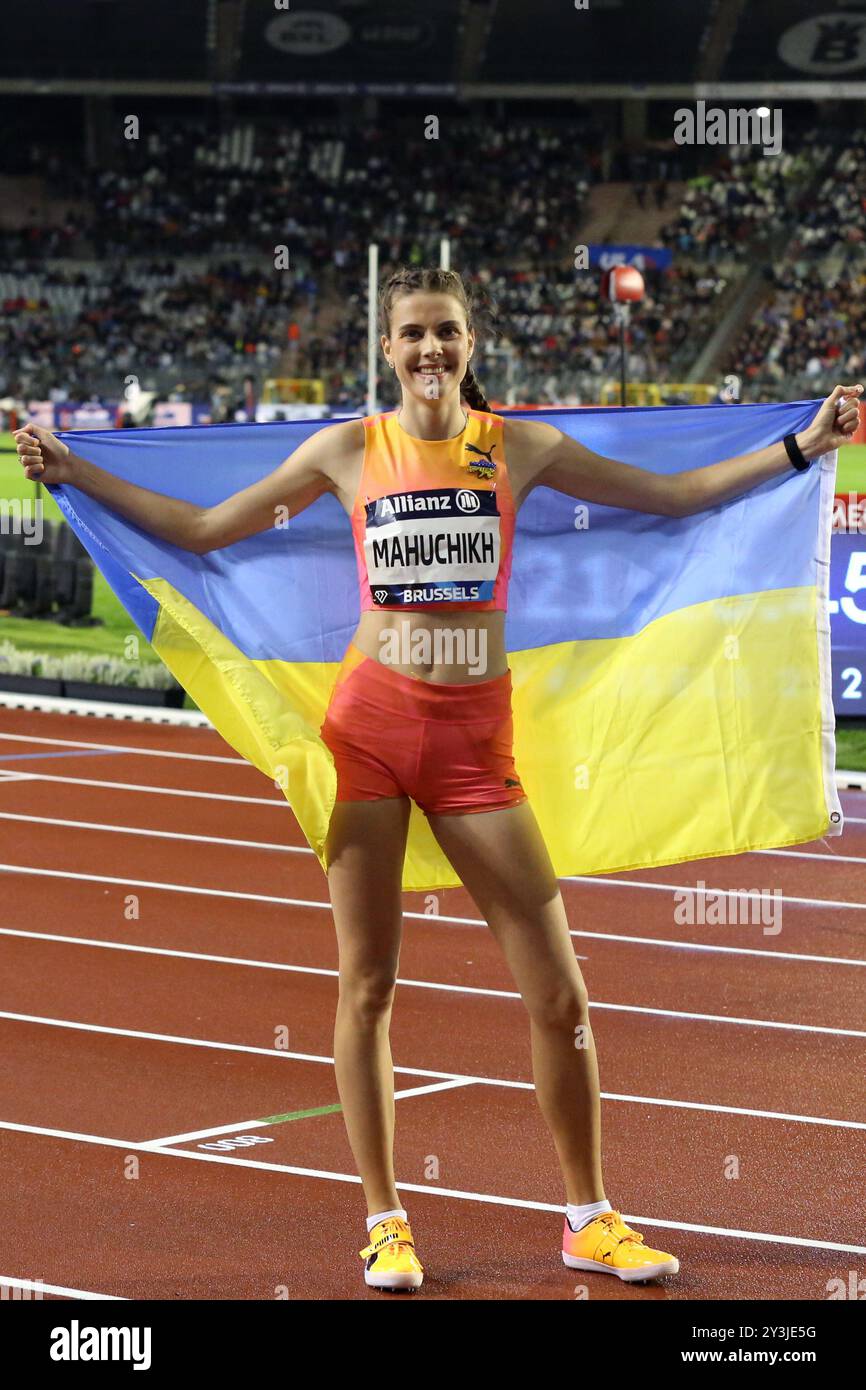 Bruxelles, Belgique. 13 septembre 2024. Yaroslava Mahuchikh d'Ukraine célèbre la finale féminine de saut en hauteur lors de la réunion de Bruxelles de la Diamond League 2024 à Bruxelles, Belgique, le 13 septembre 2024. Crédit : Zhao Dingzhe/Xinhua/Alamy Live News Banque D'Images