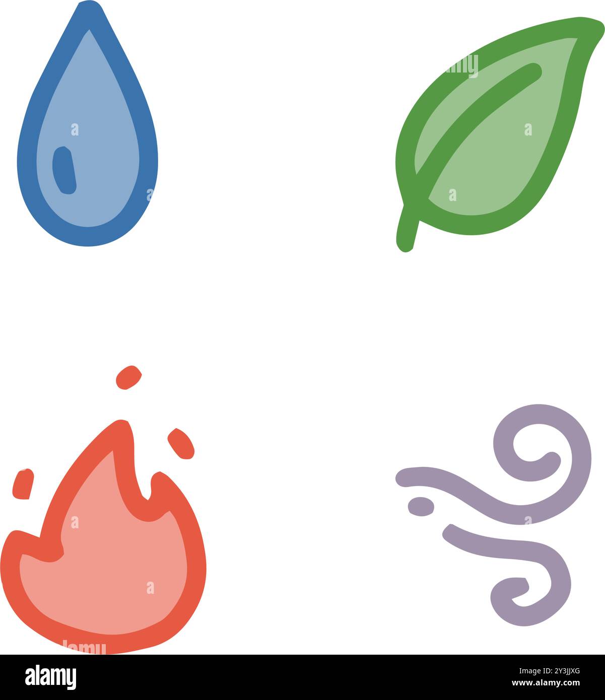 Ensemble de vecteur dessiné à la main, doodle 4 éléments de la nature, eau, feu, Air, Terre Illustration de Vecteur