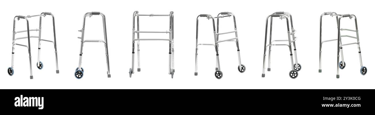 Cadre de marche isolé sur blanc, collage. Vue latérale différente Banque D'Images