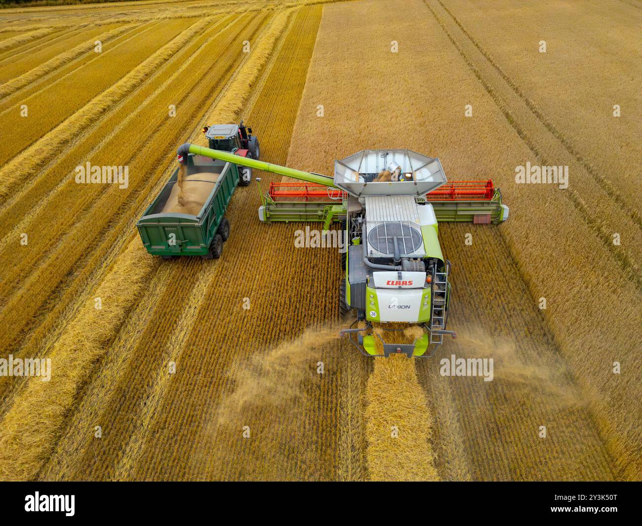 Vues aériennes d'une moissonneuse-batteuse travaillant dans les champs près de Rosyth à Fife., Écosse. Banque D'Images